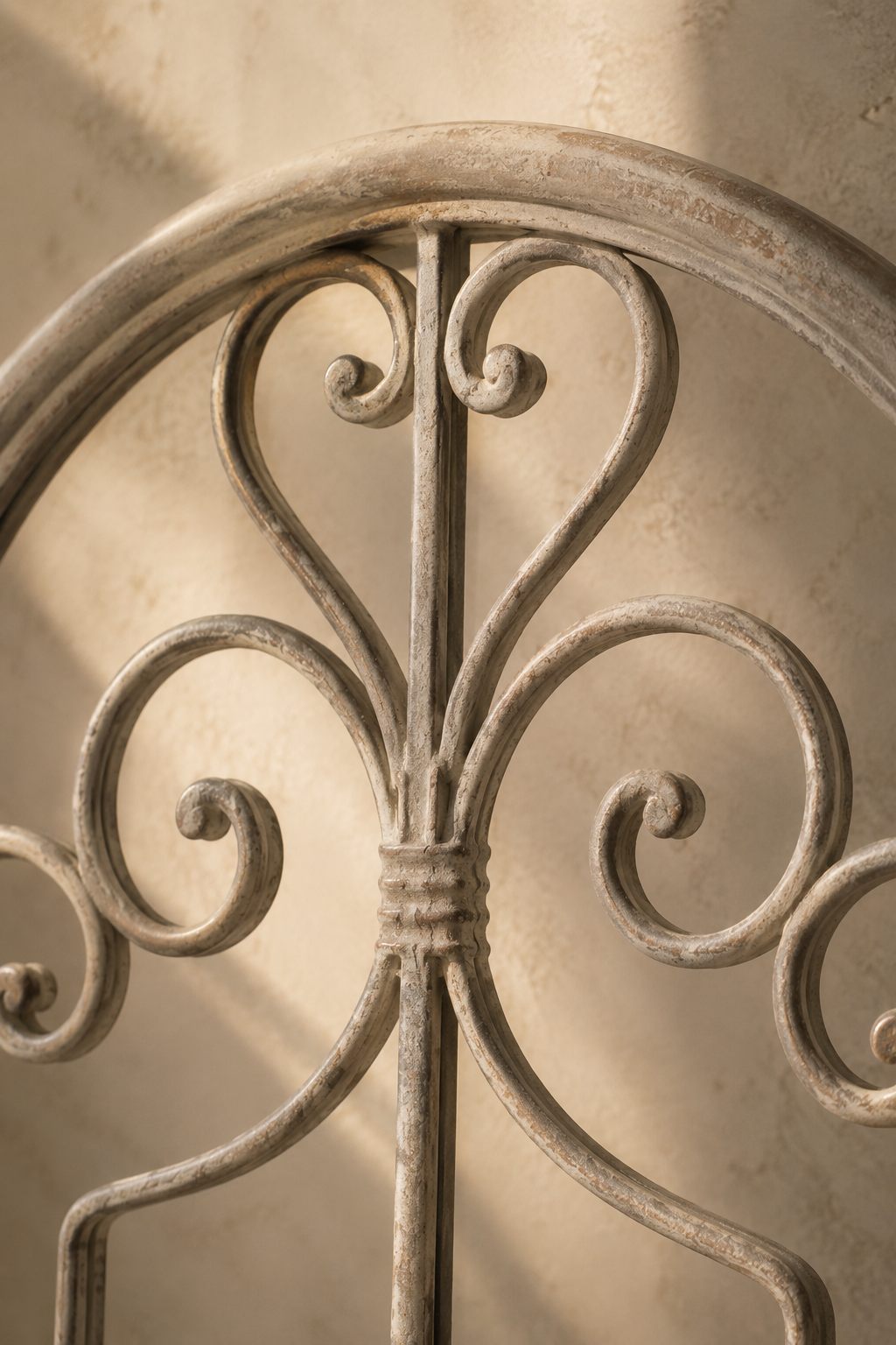 Arche en fer façonné beige, effet rouille 100×45 cm. Détail du cadre en gros plan.