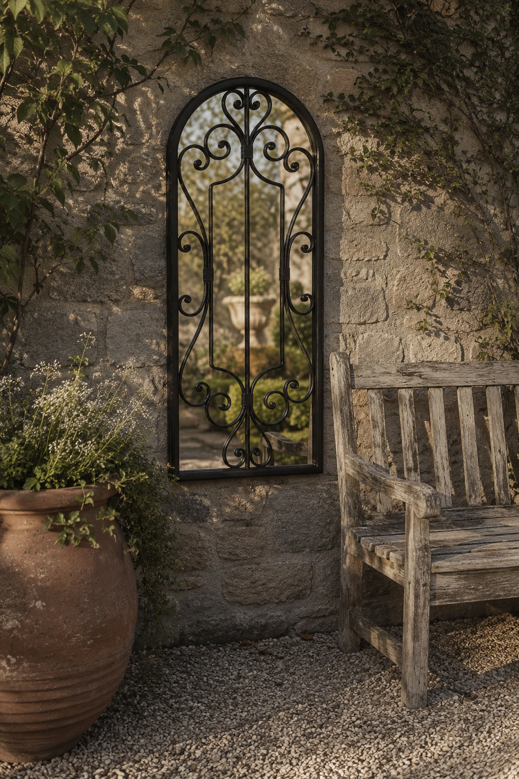 Arche en fer noir effet rouille, jardin 100×45 cm. Présenté avec un objet de référence pour l'échelle.