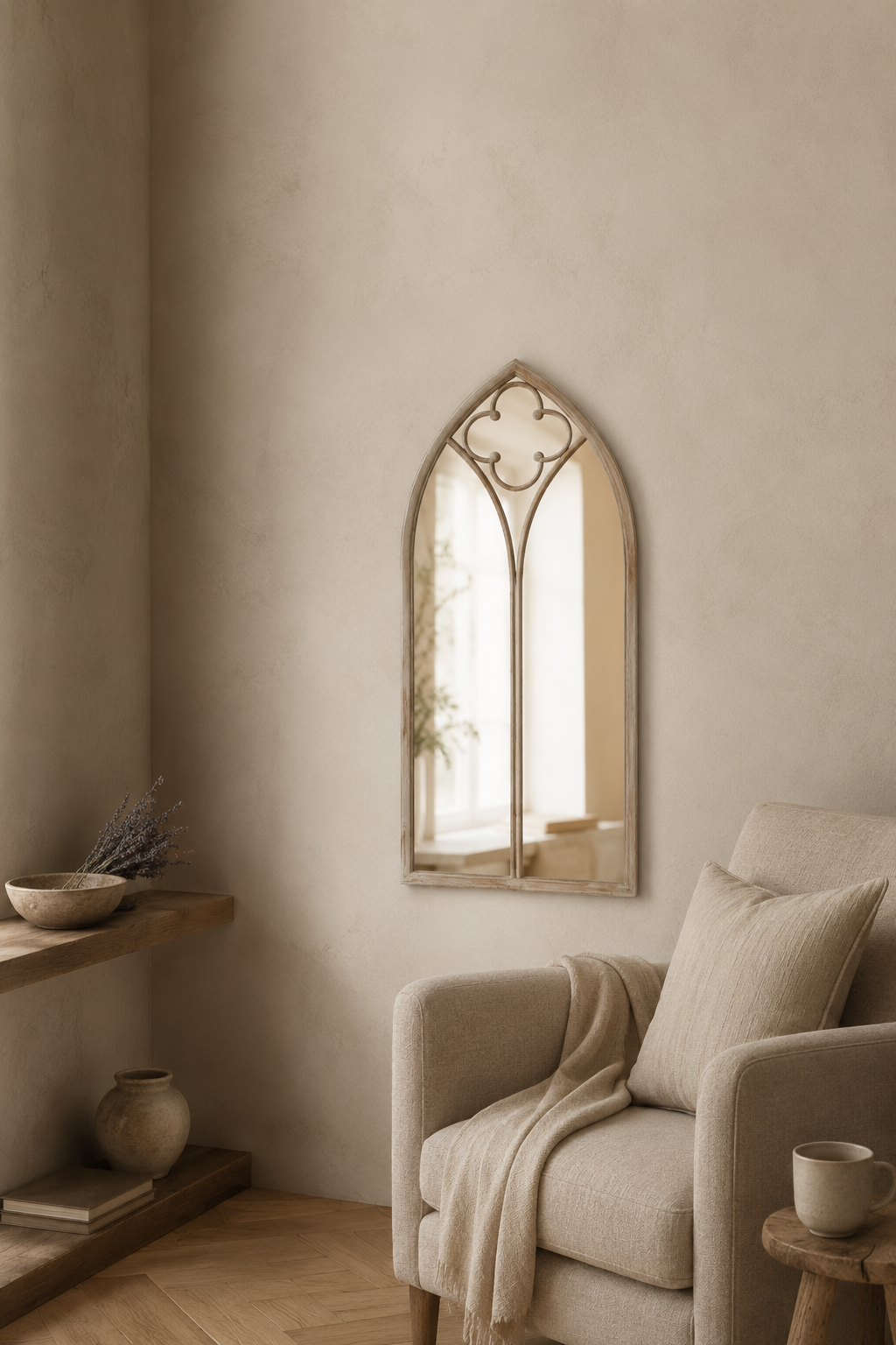 Petite arche gothique, crème effet rouille 70×30 cm. Vue d'ensemble.