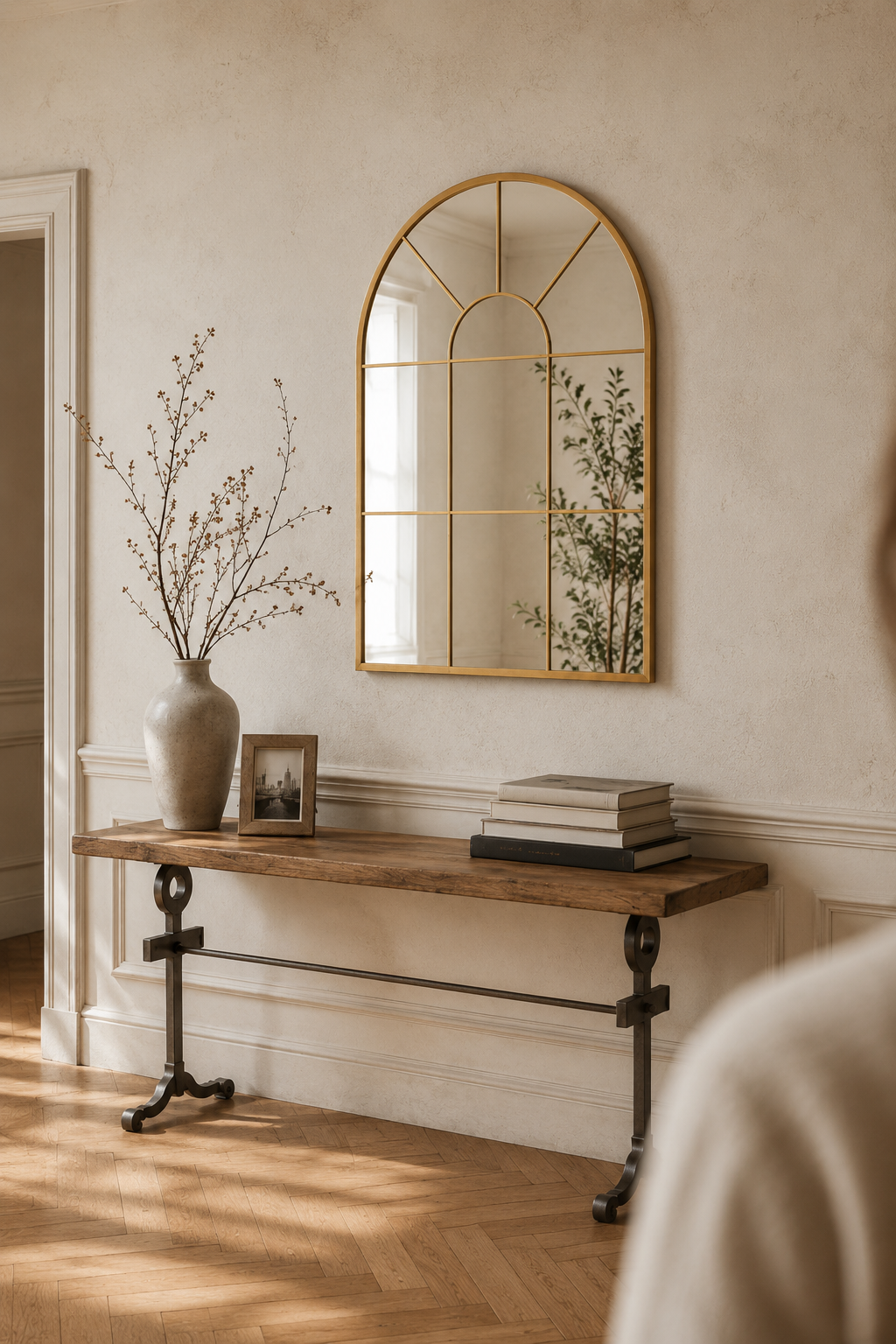 Fenêtre voutée, doré 91×60 cm. Présenté avec un objet de référence pour l'échelle.