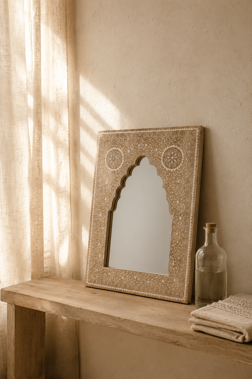Miroir arche mauresque, bois de manguier peint main 40 x 55 cm, Peinte à la main, motif floral gravé. Présenté avec un objet de référence pour l'échelle.