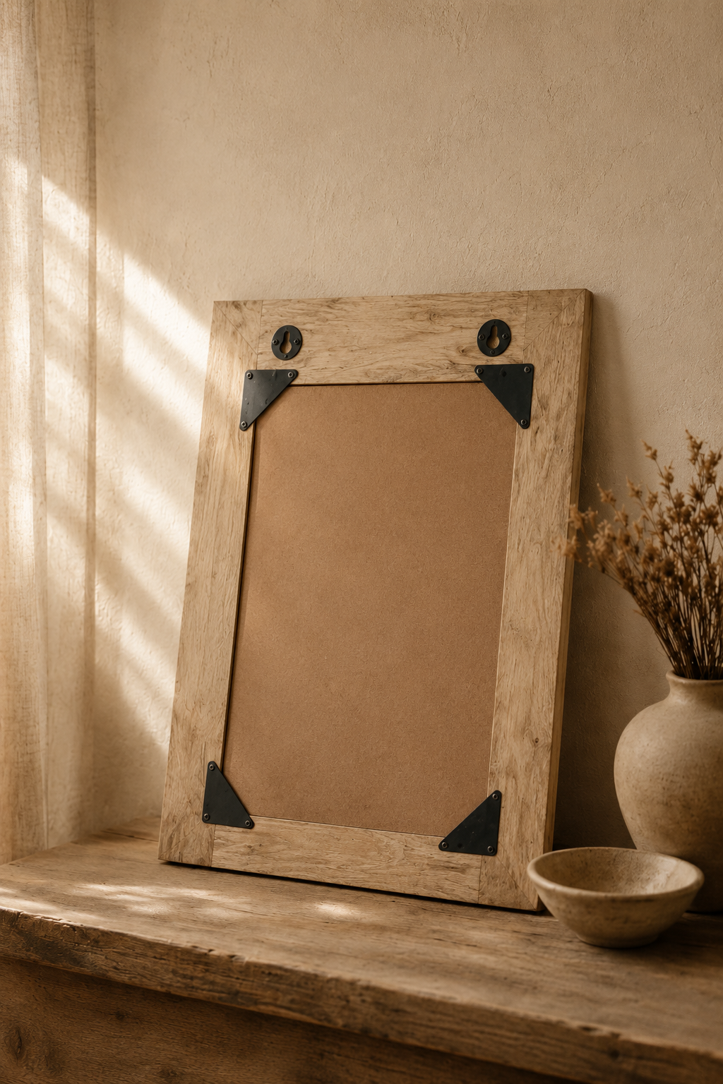 Miroir arche mauresque, bois de manguier peint main 40 x 55 cm, Peinte à la main, motif floral gravé. Vu de l'arrière ou en cours d'installation.