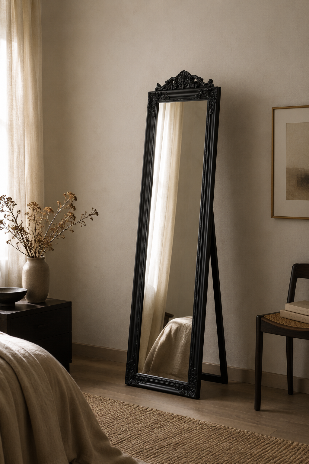 Miroir psyché baroque sur pied, noir laqué 160 x 40 cm, Laqué noir, fronton baroque sculpté. Vue d'ensemble.
