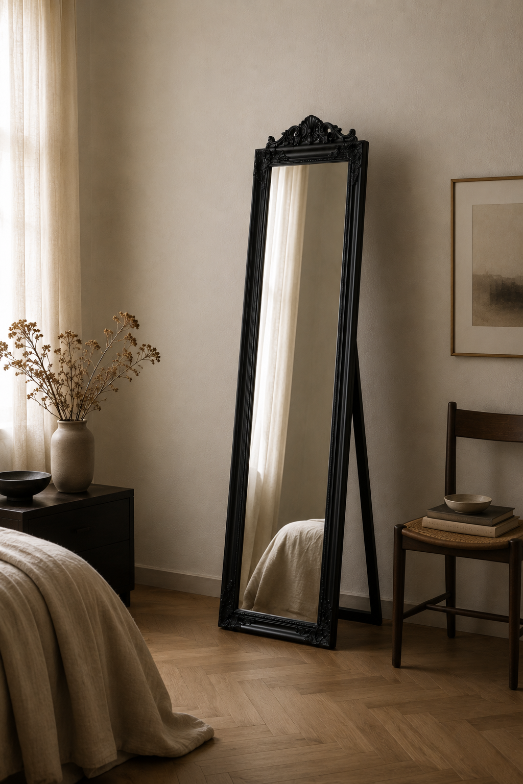 Miroir psyché baroque sur pied, noir laqué 160 x 40 cm, Laqué noir, fronton baroque sculpté. Présenté avec un objet de référence pour l'échelle.