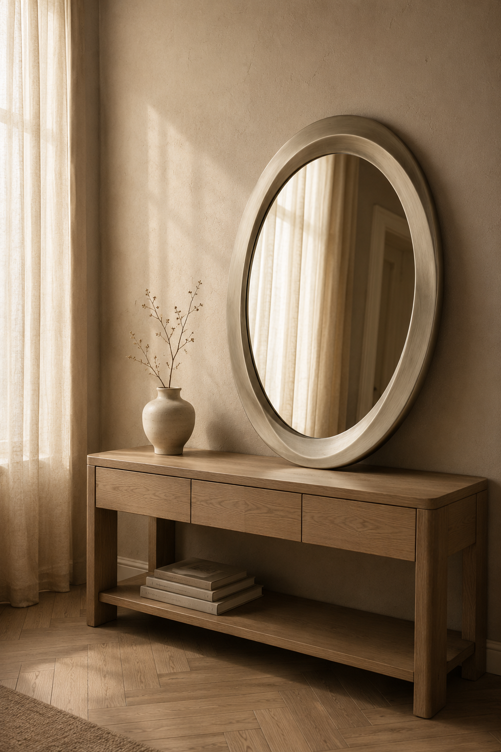 Miroir ovale cadre métal champagne brossé, Métal brossé, ton champagne. Présenté avec un objet de référence pour l'échelle.