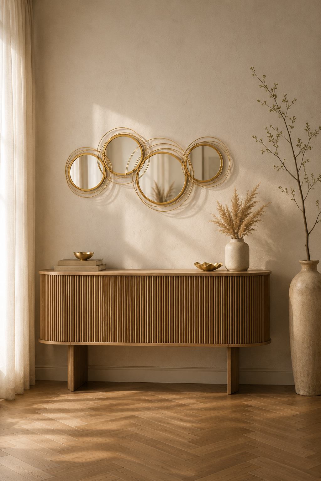 Miroir mural sculptural, cercles dorés entrelacés, Doré brillant, structure filaire à cercles multiples. Présenté avec un objet de référence pour l'échelle.