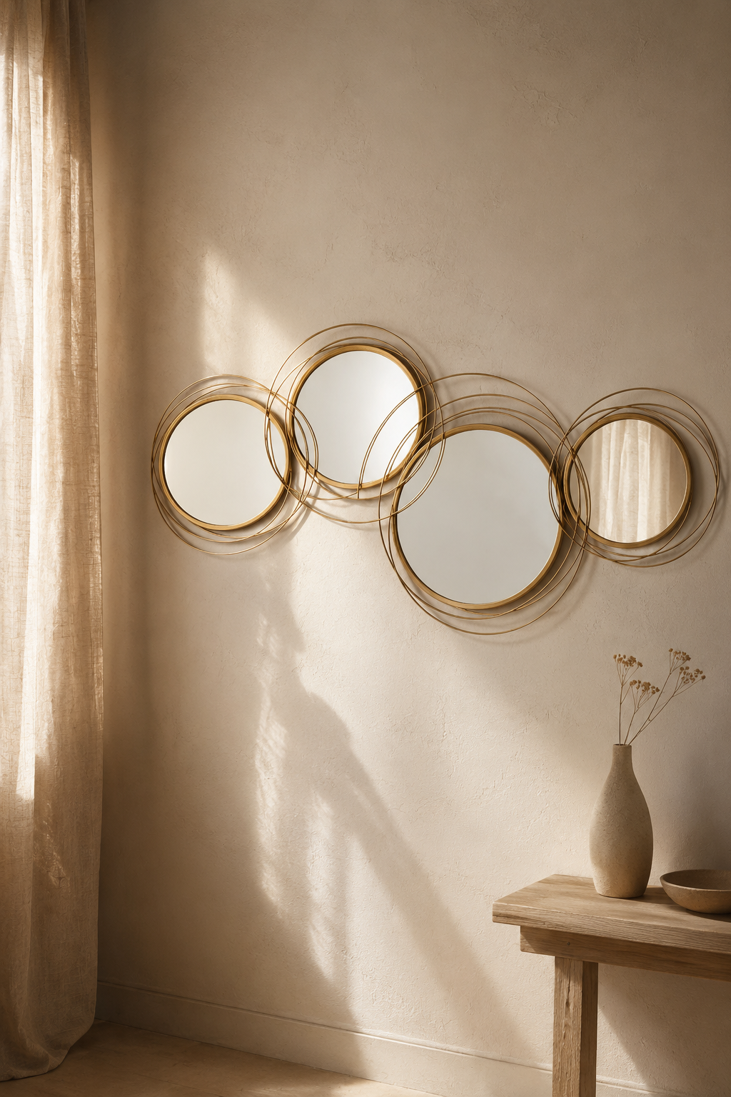 Miroir mural sculptural, cercles dorés entrelacés, Doré brillant, structure filaire à cercles multiples. Vue d'ensemble.