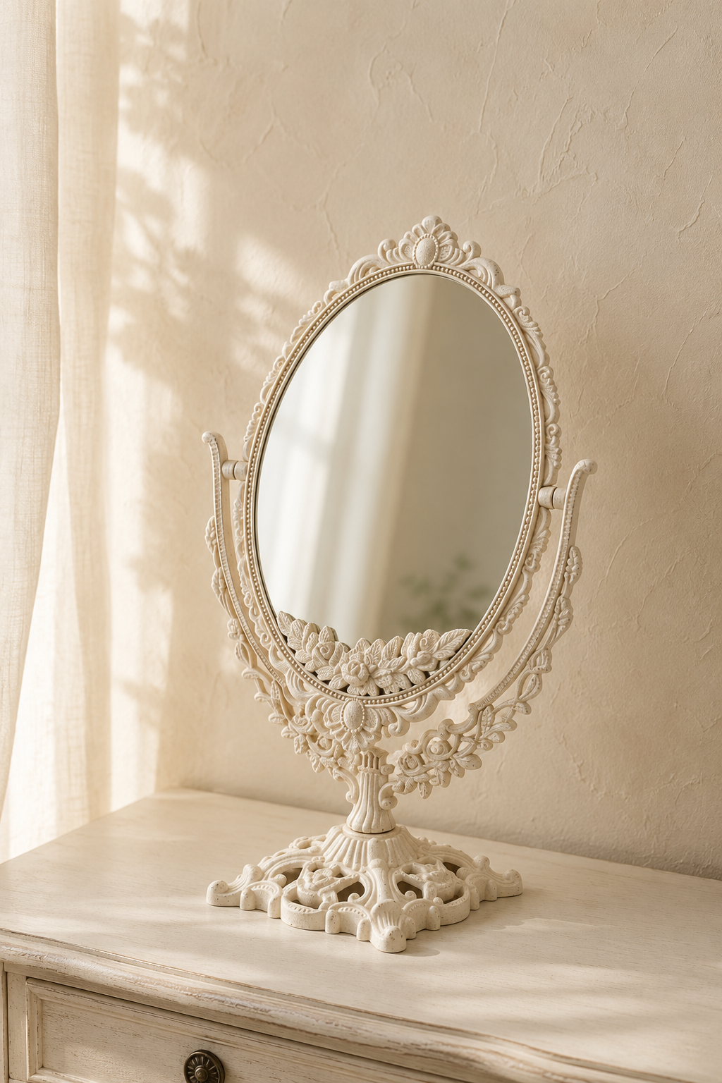 Miroir coiffeuse blanc ivoire, base sculptée basculante, Blanc ivoire, relief baroque sculpté. Photo 1 sur 8.