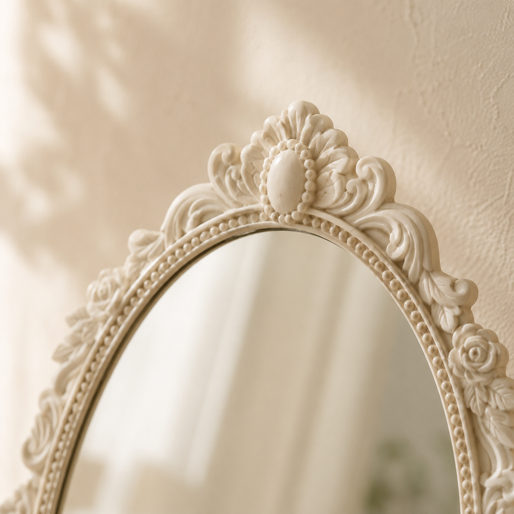 Miroir coiffeuse blanc ivoire, base sculptée basculante, Blanc ivoire, relief baroque sculpté. Photo 2 sur 8.