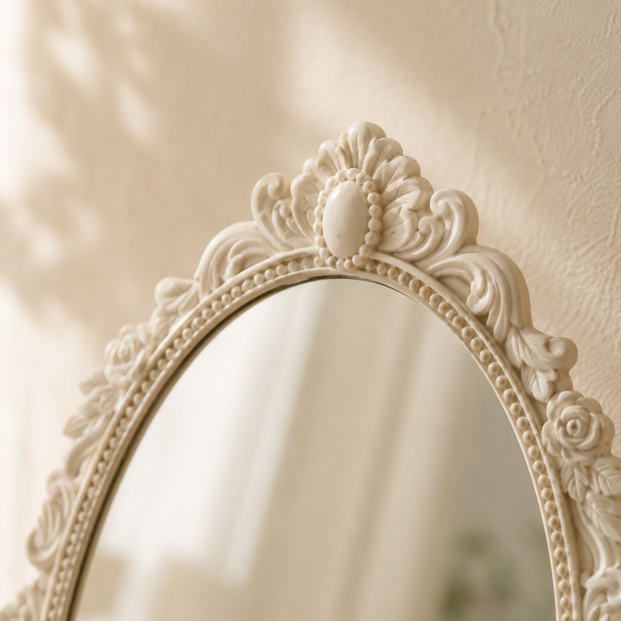 Miroir coiffeuse blanc ivoire, base sculptée basculante, Blanc ivoire, relief baroque sculpté. Photo 2 sur 8.