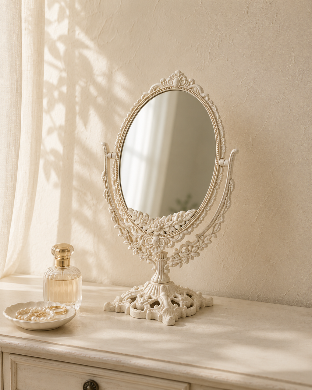 Miroir coiffeuse blanc ivoire, base sculptée basculante, Blanc ivoire, relief baroque sculpté. Photo 5 sur 8.