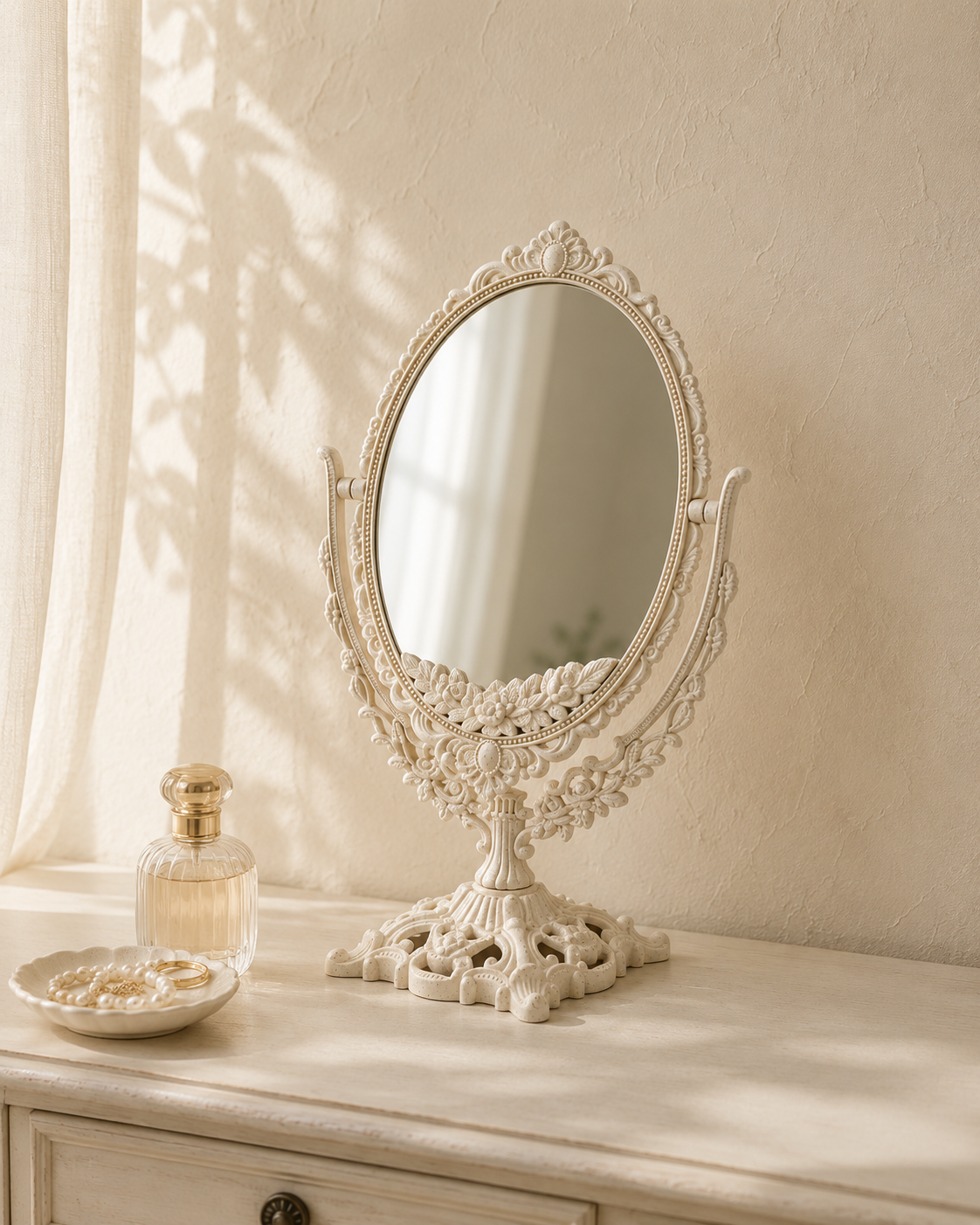 Miroir coiffeuse blanc ivoire, base sculptée basculante, Blanc ivoire, relief baroque sculpté. Photo 5 sur 8.