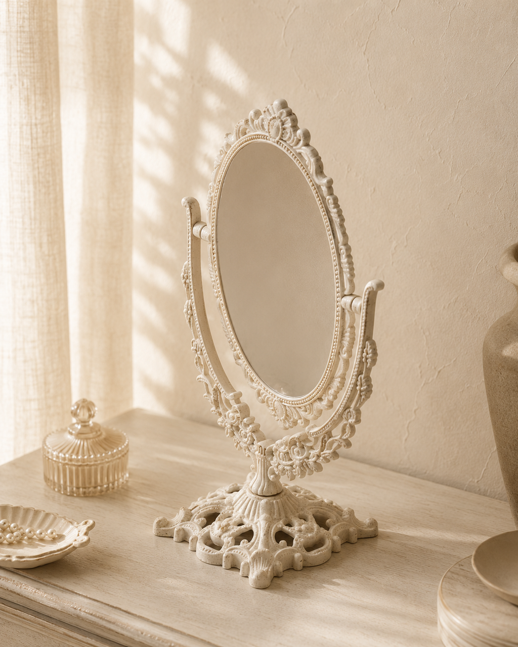 Miroir coiffeuse blanc ivoire, base sculptée basculante, Blanc ivoire, relief baroque sculpté. Photo 3 sur 8.