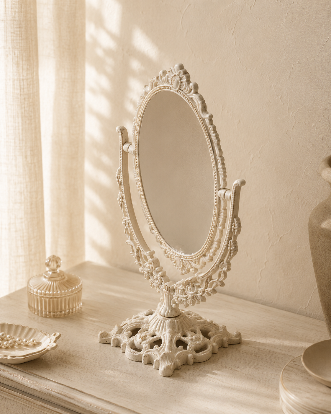 Miroir coiffeuse blanc ivoire, base sculptée basculante, Blanc ivoire, relief baroque sculpté. Photo 3 sur 8.