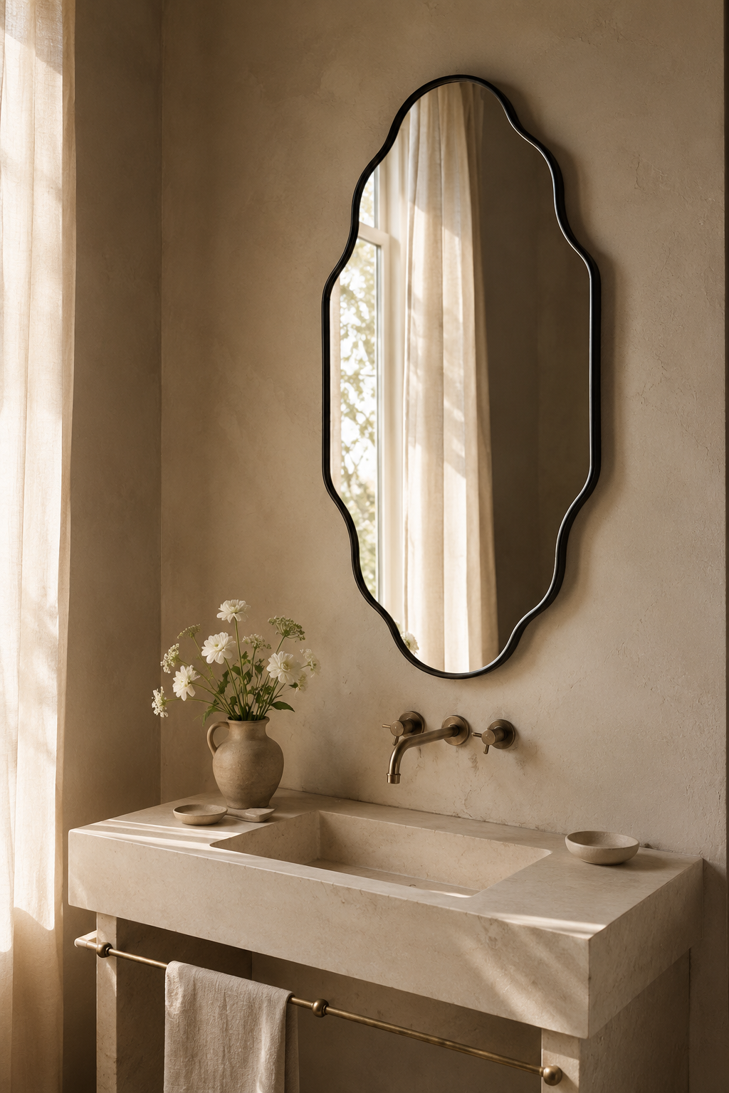 Miroir lanterne asymétrique 116×66 cm, Disponible en noir ou doré, silhouette galbée verticale. Détail du cadre en gros plan.
