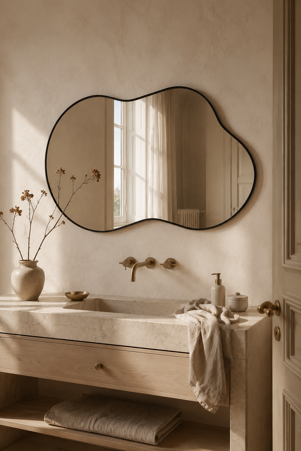 Miroir nuage asymétrique 116×66 cm, Disponible en noir ou doré, contour organique ondulé. Présenté avec un objet de référence pour l'échelle.