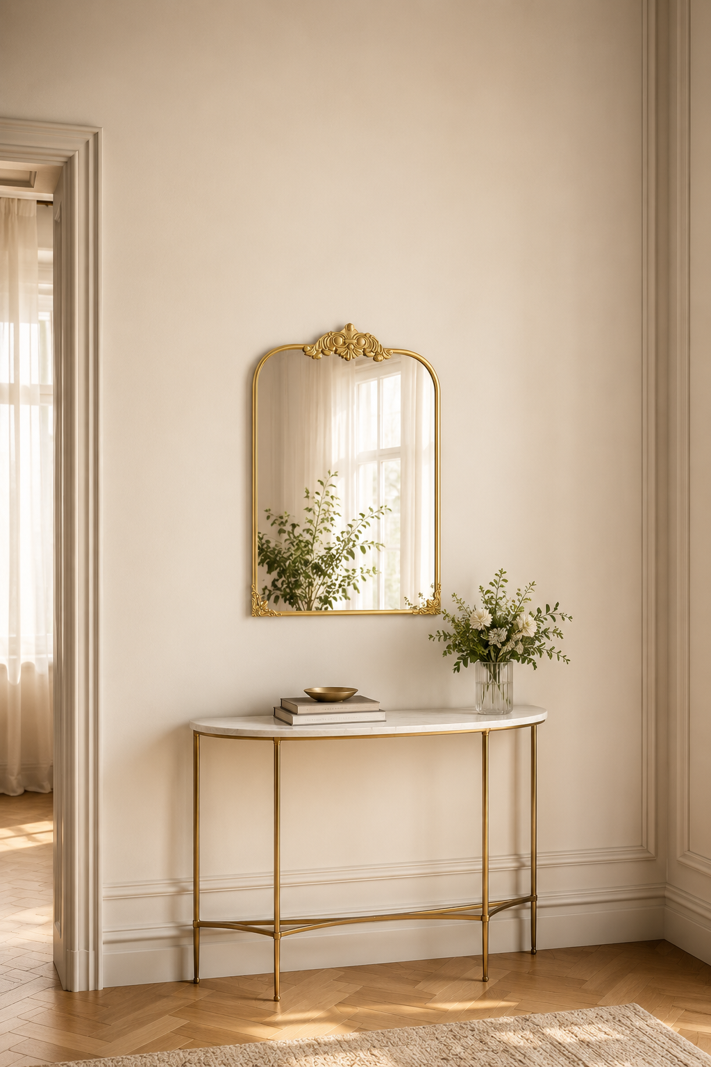 Miroir baroque arqué doré, fronton floral 60×87 cm, Laiton patiné antique (gris doré), roses sculptées en résine. Vue d'ensemble.