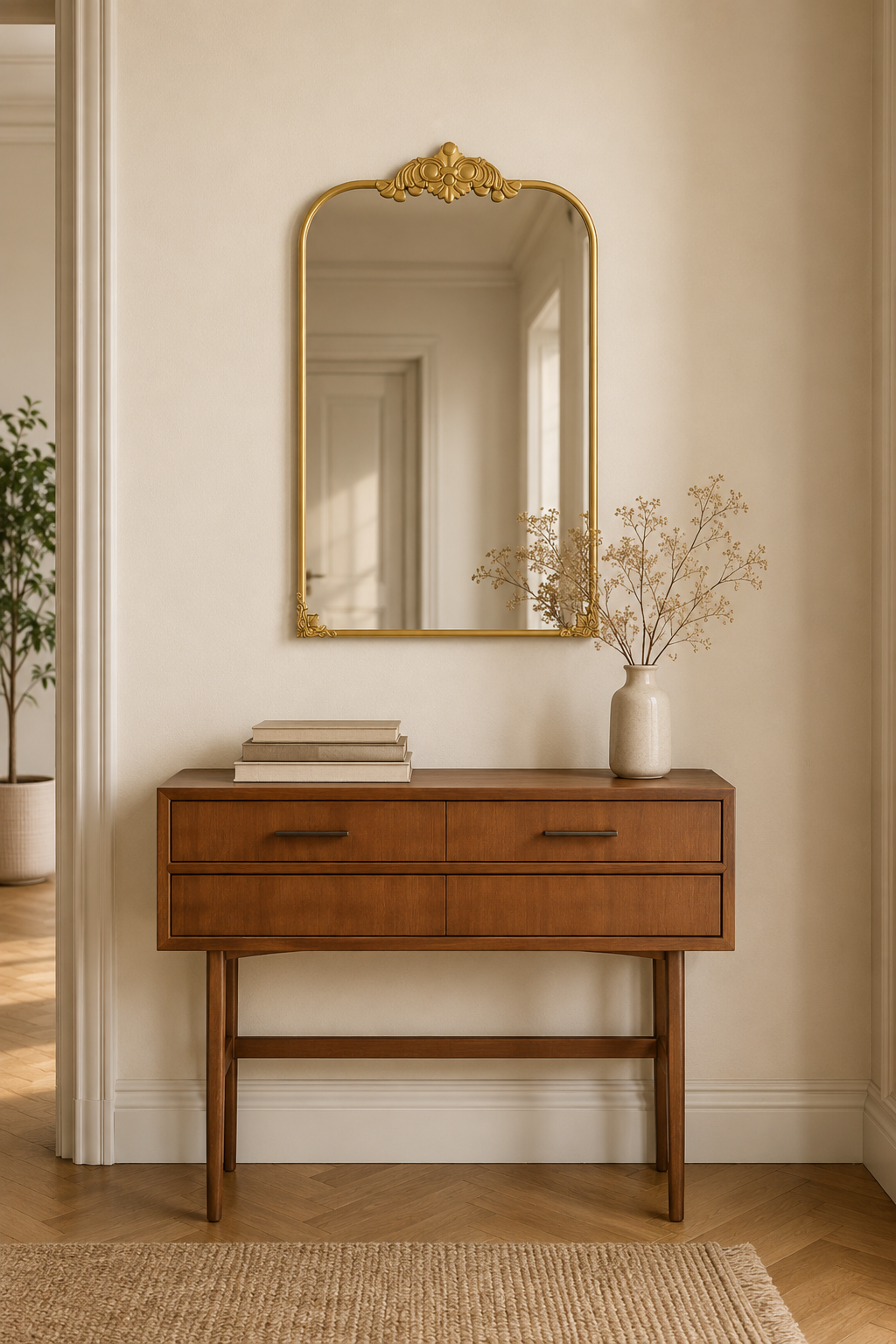 Miroir baroque arqué doré, fronton floral 60×87 cm, Laiton patiné antique (gris doré), roses sculptées en résine. Présenté avec un objet de référence pour l'échelle.