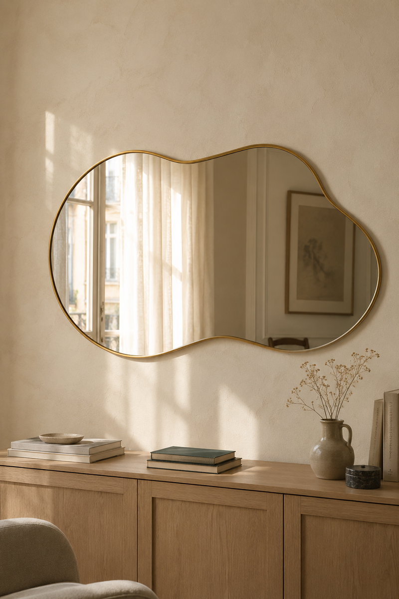 Miroir nuage asymétrique 116×66 cm, Disponible en noir ou doré, contour organique ondulé. Vue d'ensemble.
