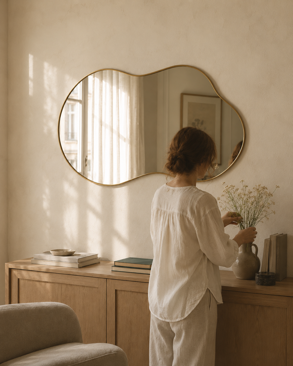 Miroir nuage asymétrique 116×66 cm, Disponible en noir ou doré, contour organique ondulé. En situation, présence humaine suggérée de dos.