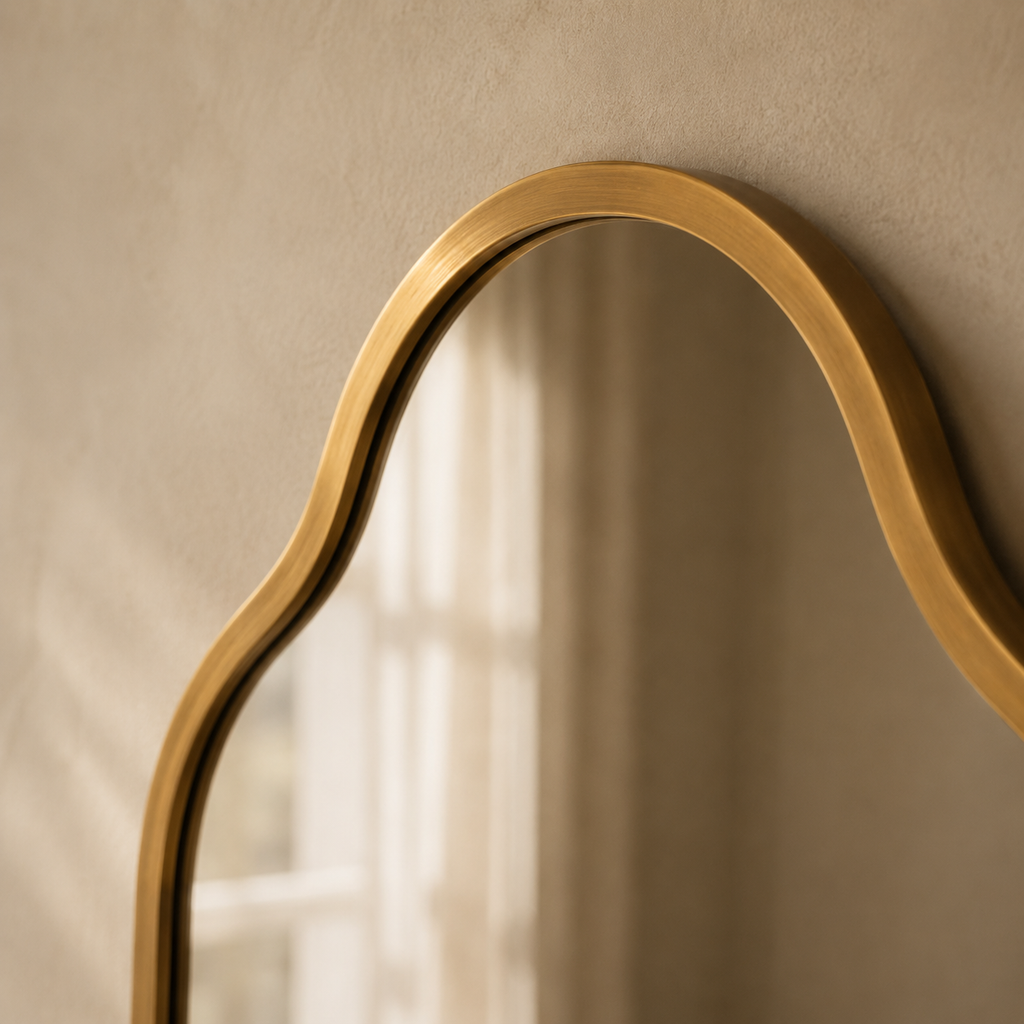 Miroir lanterne asymétrique 116×66 cm, Disponible en noir ou doré, silhouette galbée verticale. Présenté avec un objet de référence pour l'échelle.