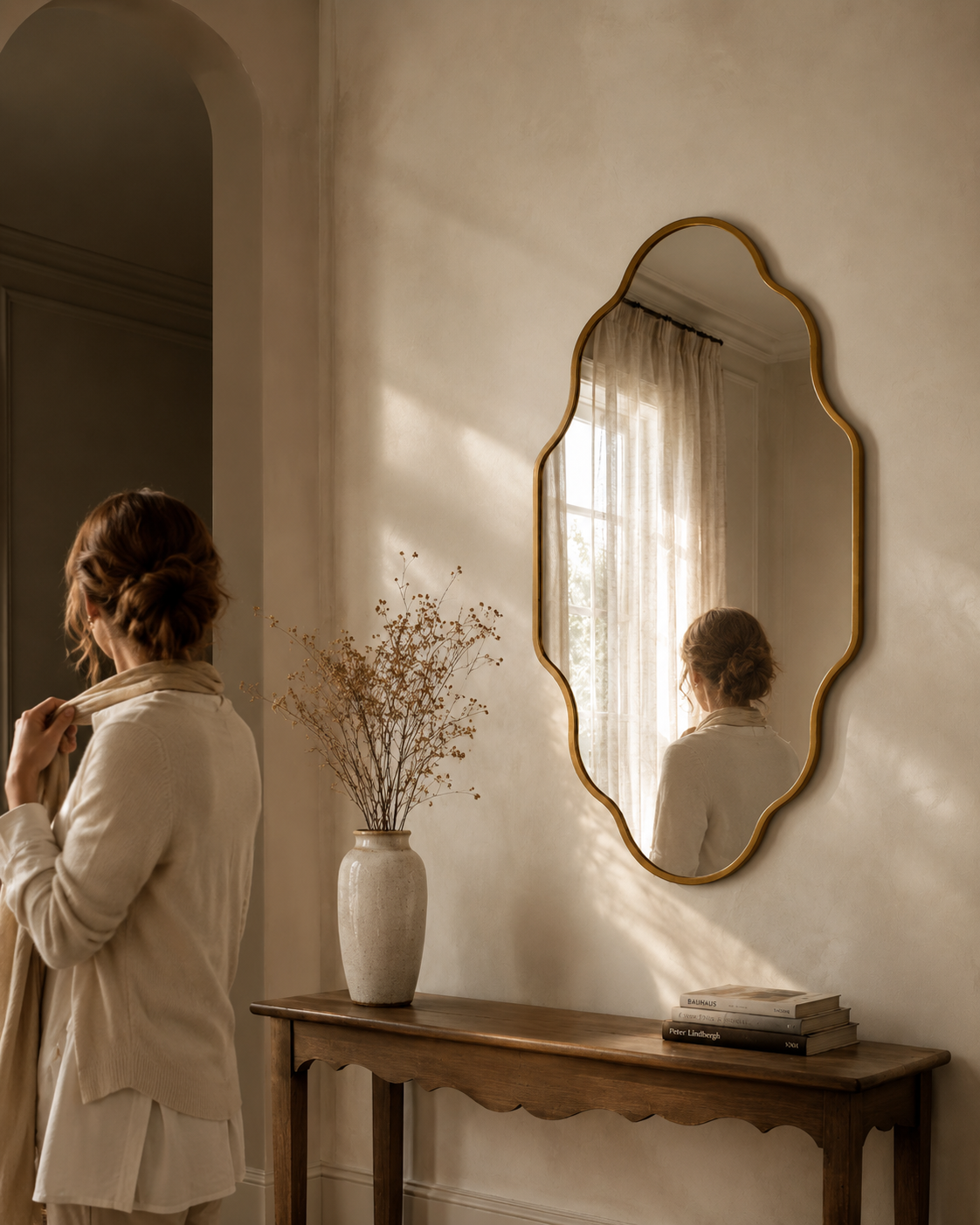 Miroir lanterne asymétrique 116×66 cm, Disponible en noir ou doré, silhouette galbée verticale. En situation, présence humaine suggérée de dos.