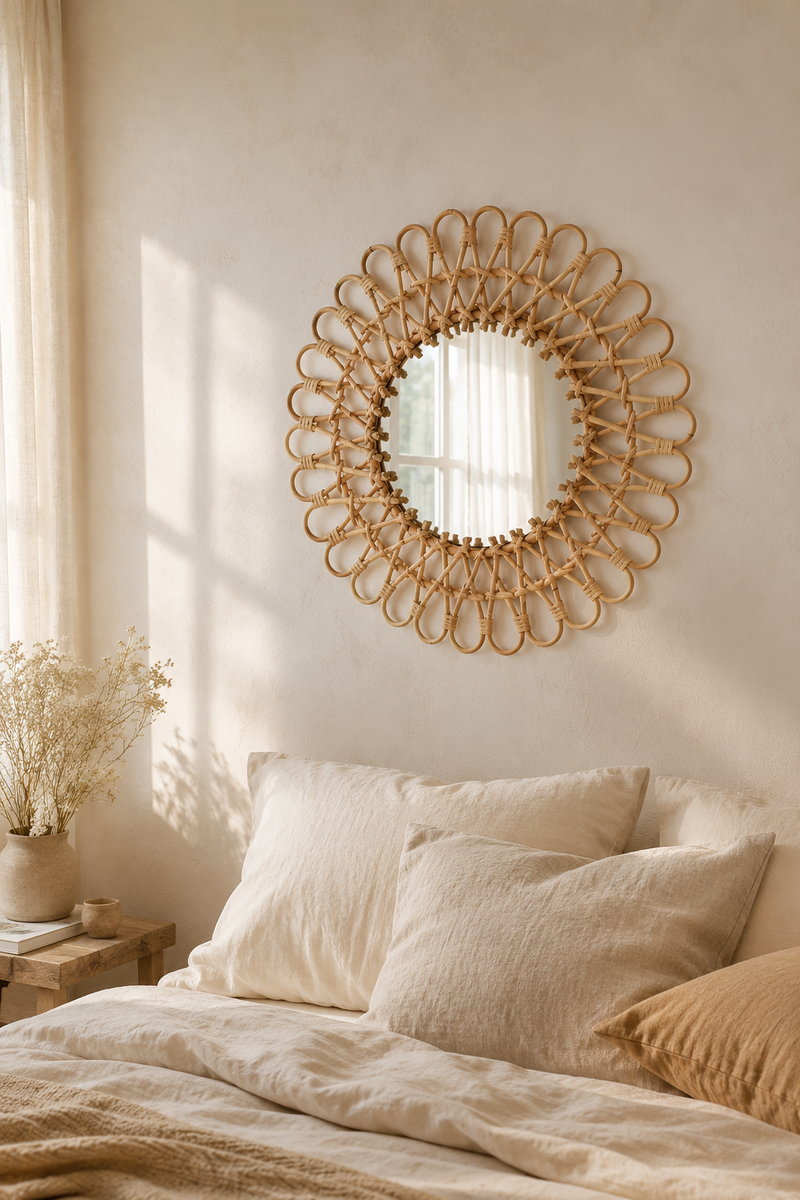 Miroir soleil en rotin tressé 40 cm, Couleur bois naturel, motif soleil tressé. Vue d'ensemble.