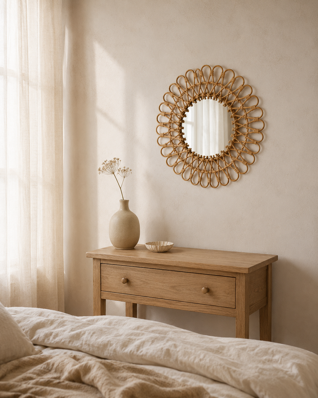 Miroir soleil en rotin tressé 40 cm, Couleur bois naturel, motif soleil tressé. Présenté avec un objet de référence pour l'échelle.
