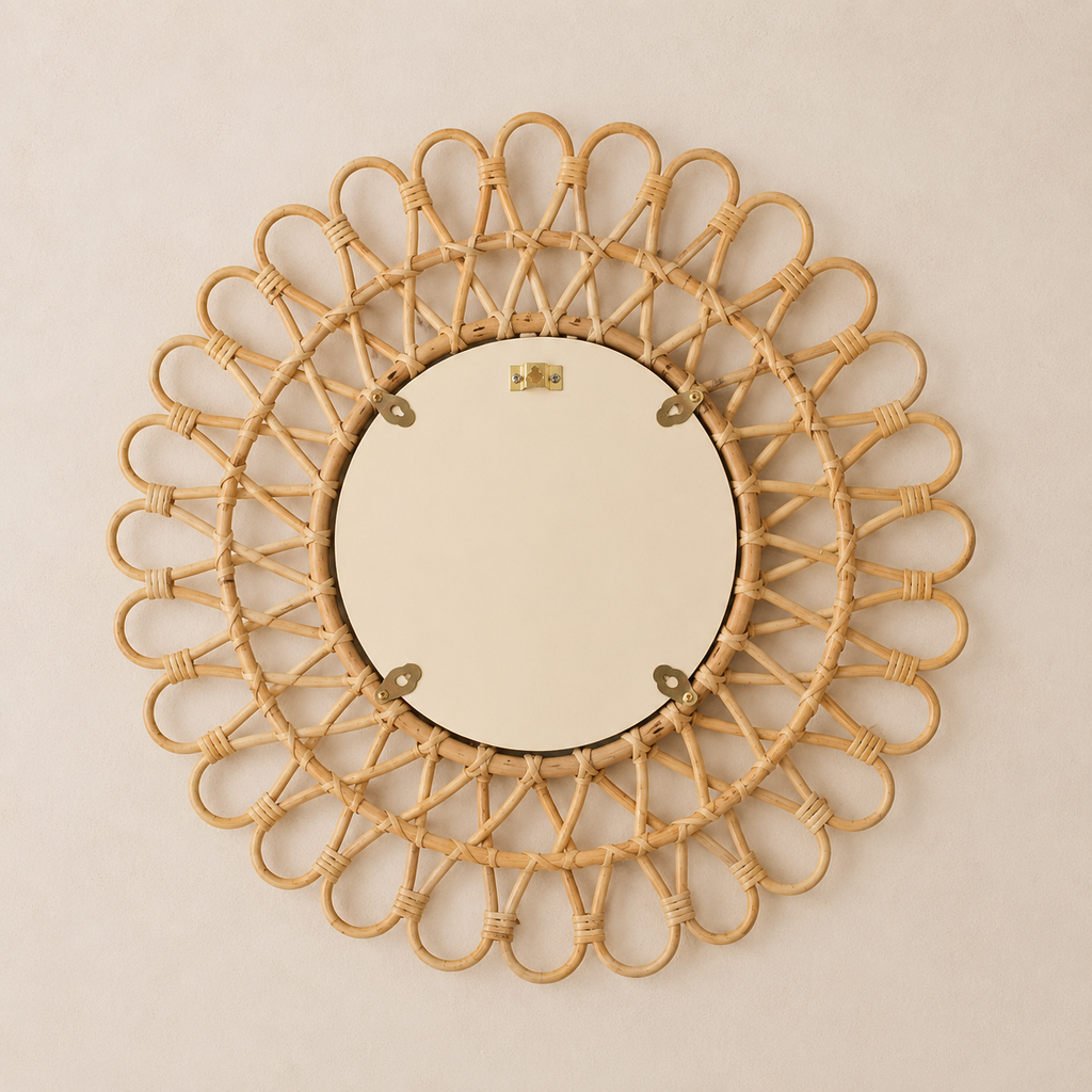 Miroir soleil en rotin tressé 40 cm, Couleur bois naturel, motif soleil tressé. Vu de l'arrière ou en cours d'installation.