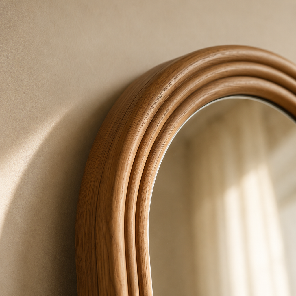 Psyché arc en bois 160x50 cm, Disponible en marron, noir ou blanc, silhouette en arc. Détail du cadre en gros plan.