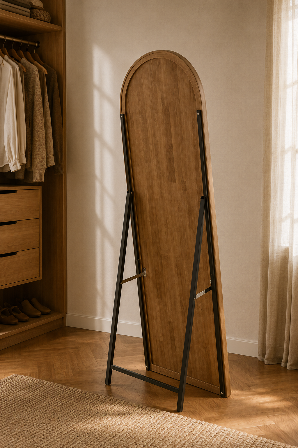 Psyché arc en bois 160x50 cm, Disponible en marron, noir ou blanc, silhouette en arc. Vu de l'arrière ou en cours d'installation.
