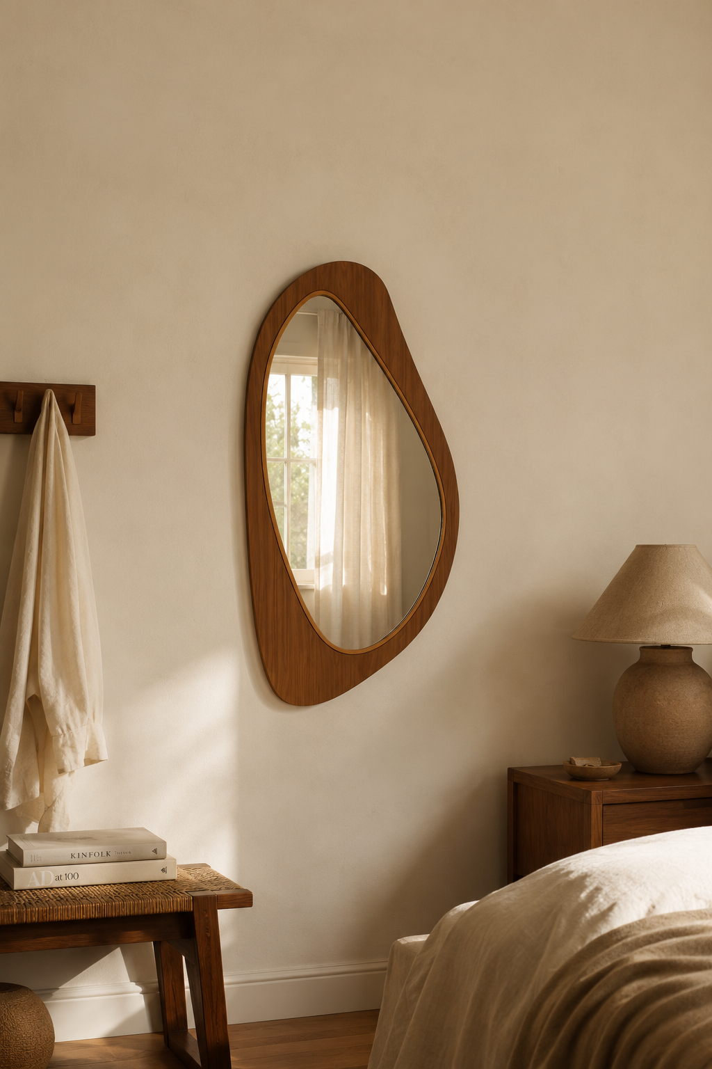 Miroir asymétrique placage de pin 91,5x45 cm, Effet bois naturel, contour asymétrique organique. Vue d'ensemble.