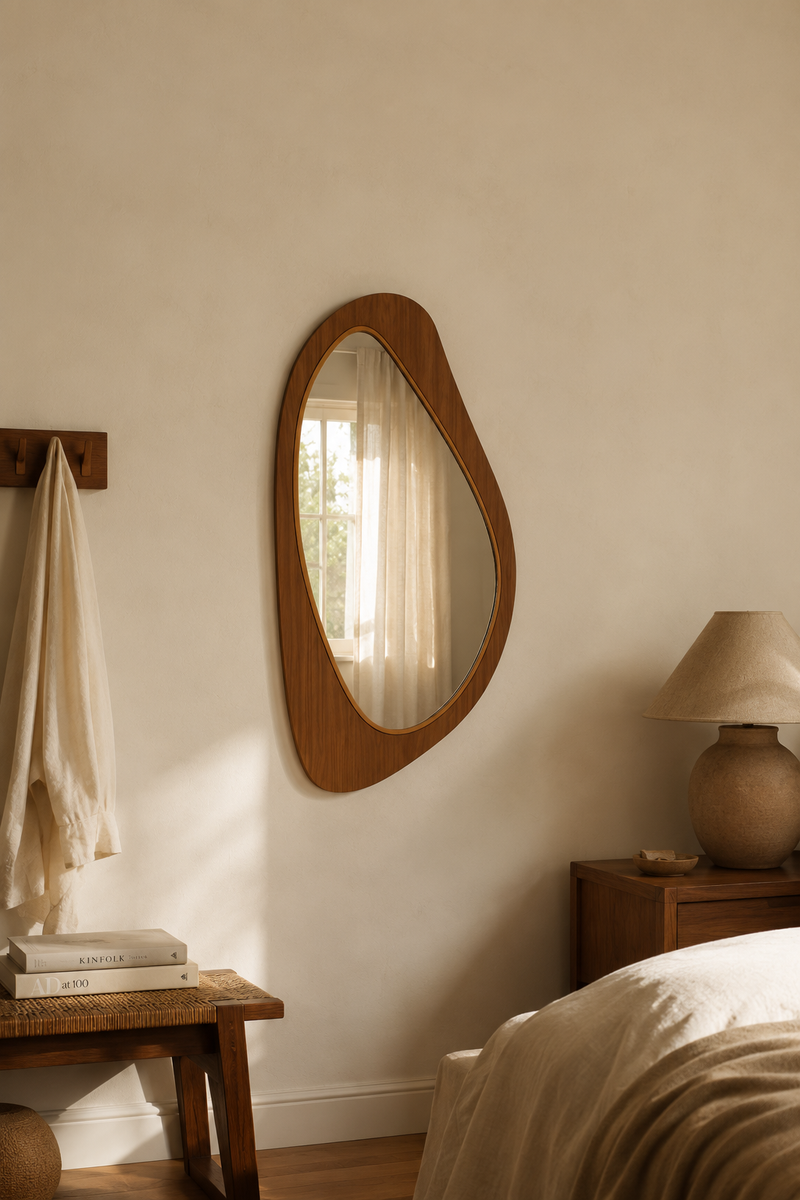 Miroir asymétrique placage de pin 91,5x45 cm, Effet bois naturel, contour asymétrique organique. Vue d'ensemble.