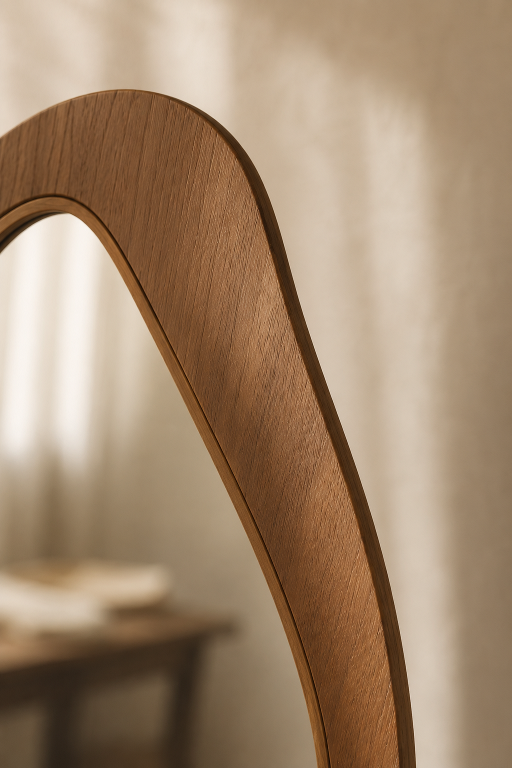 Miroir asymétrique placage de pin 91,5x45 cm, Effet bois naturel, contour asymétrique organique. Détail du cadre en gros plan.
