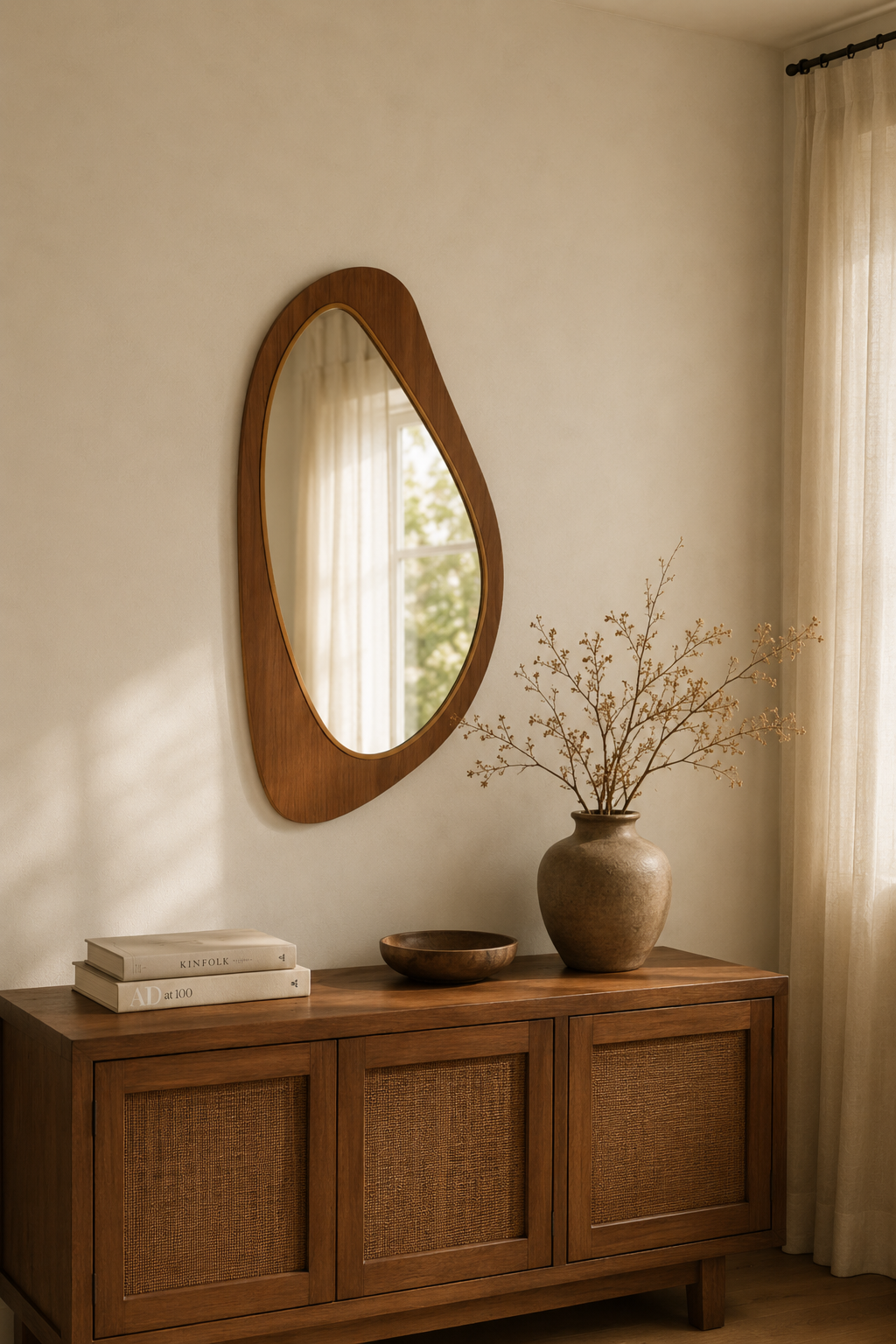 Miroir asymétrique placage de pin 91,5x45 cm, Effet bois naturel, contour asymétrique organique. Présenté avec un objet de référence pour l'échelle.