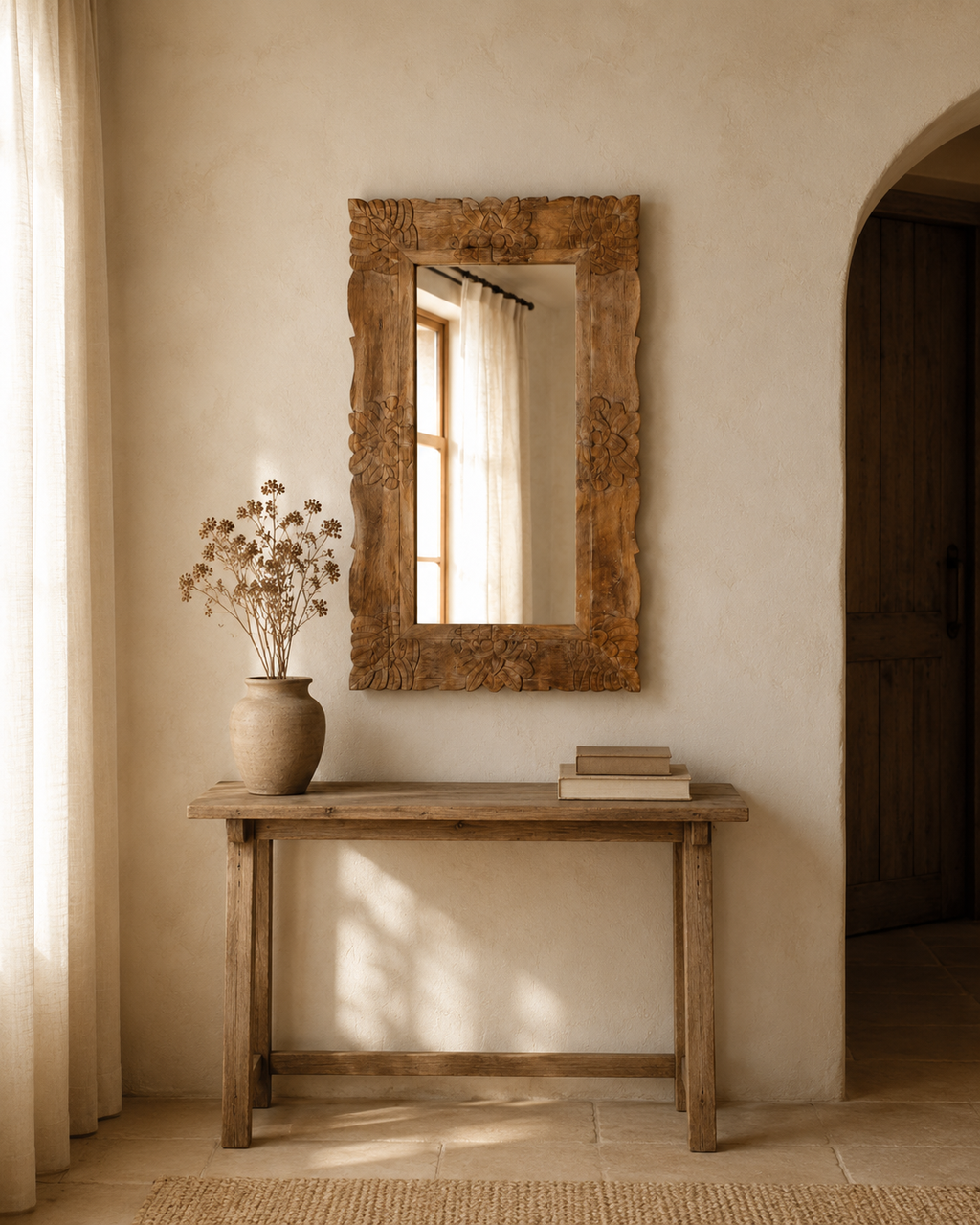 Miroir sculpté floral en bois de manguier 50x80 cm, Brut naturel, motif floral sculpté. Présenté avec un objet de référence pour l'échelle.