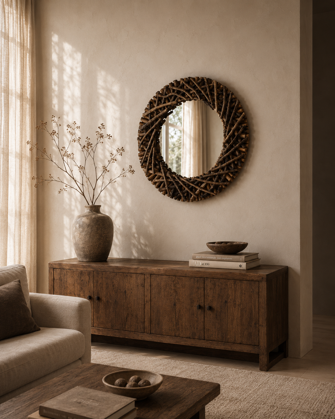 Miroir rond en branches de bois naturel 60 cm, Brut naturel, texture irrégulière. Présenté avec un objet de référence pour l'échelle.