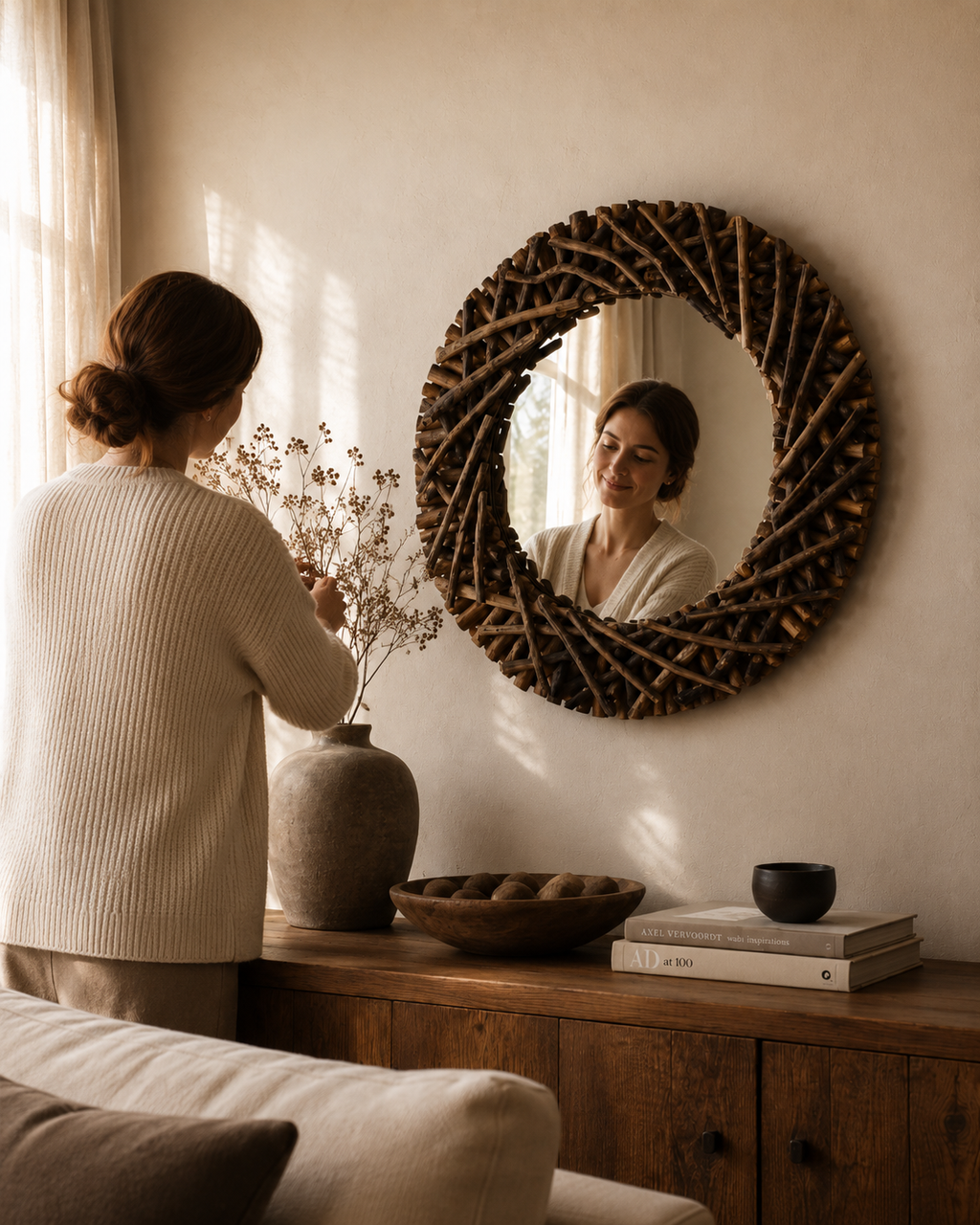 Miroir rond en branches de bois naturel 60 cm, Brut naturel, texture irrégulière. En situation, présence humaine suggérée de dos.