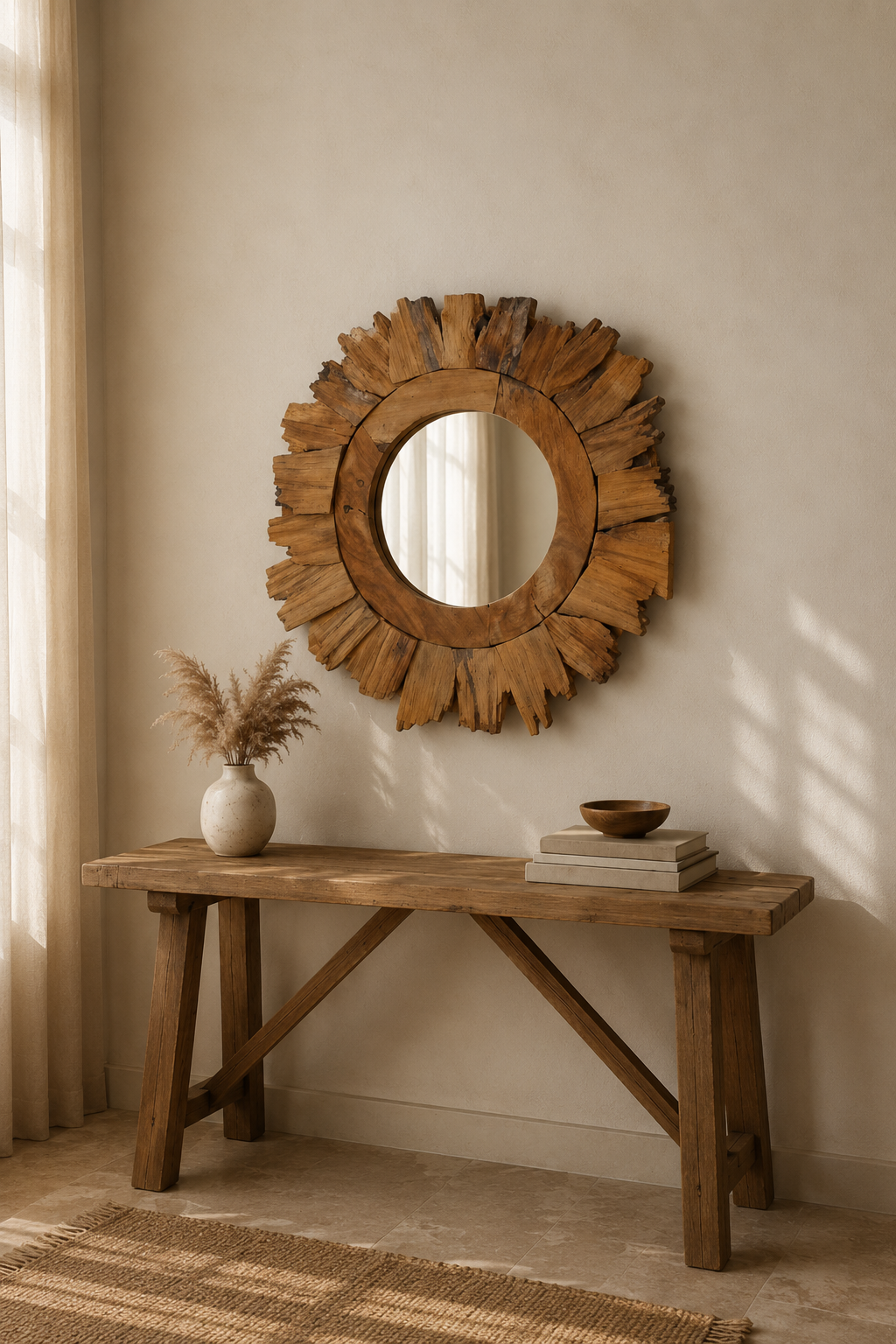 Miroir soleil en teck assemblé à la main, Brut naturel, motif soleil/pétales. Photo 3 sur 7.