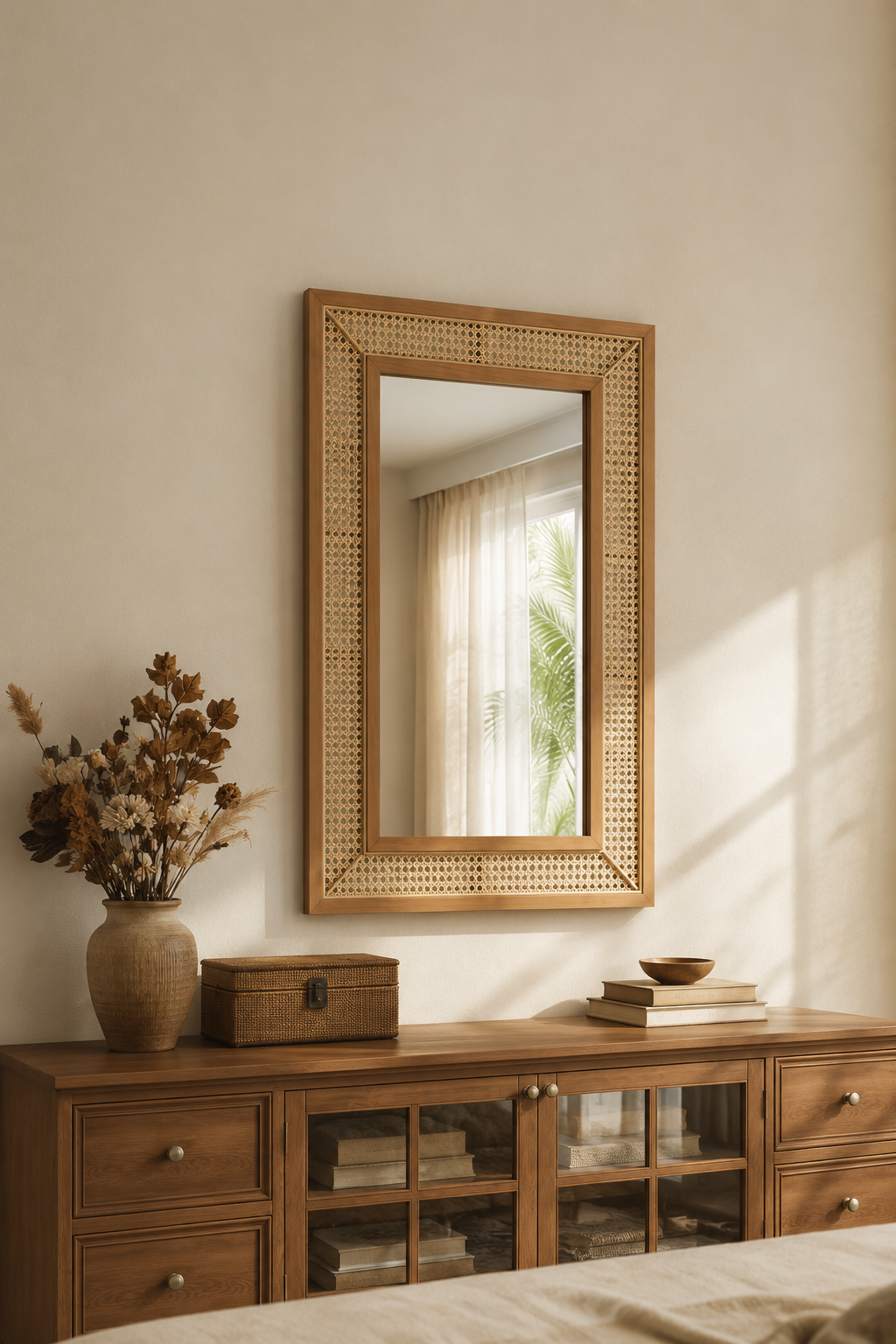 Miroir rectangulaire cannage effet rotin 90x60 cm, Bois naturel clair, motif cannage tressé. Vue d'ensemble.