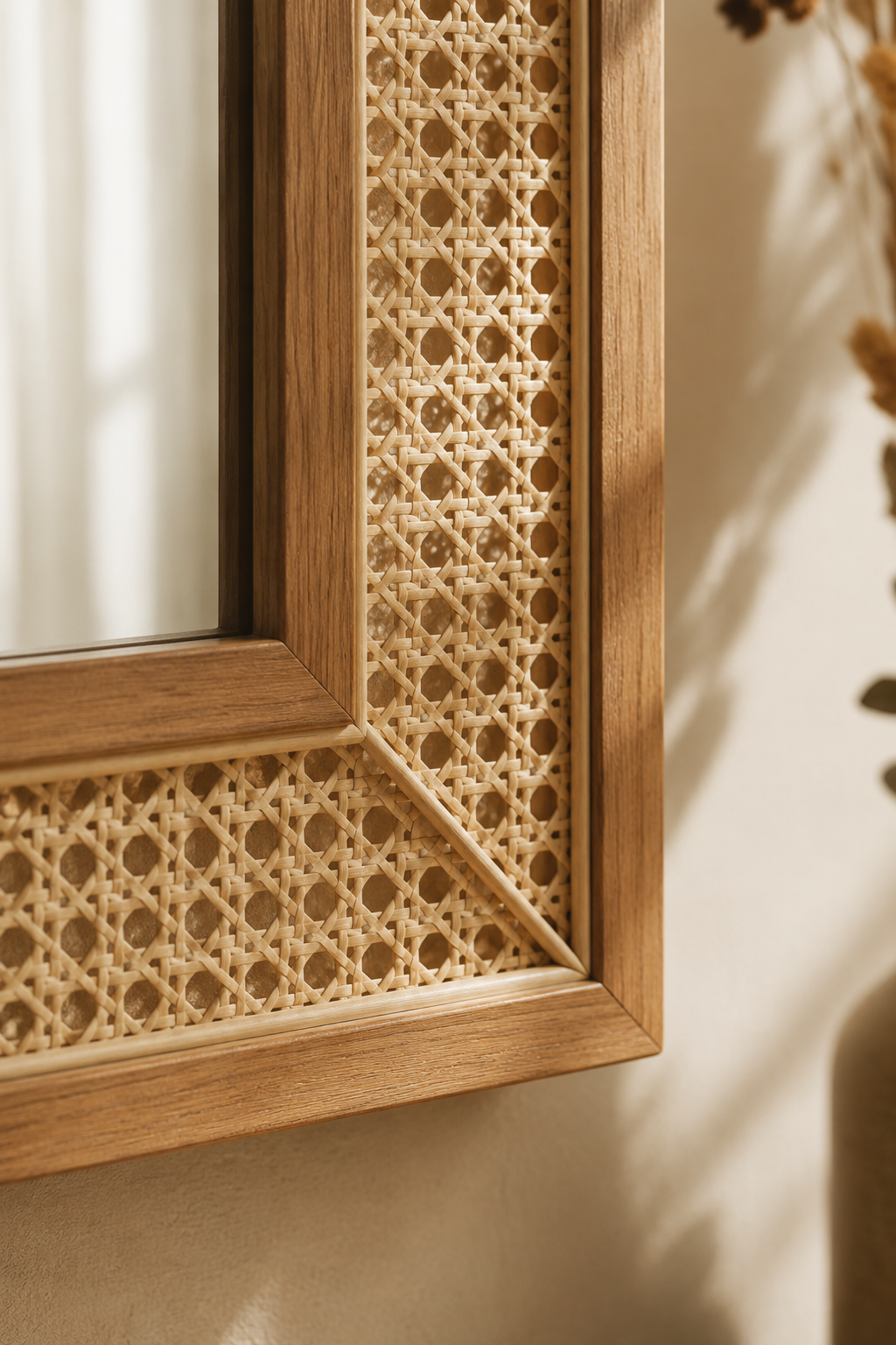 Miroir rectangulaire cannage effet rotin 90x60 cm, Bois naturel clair, motif cannage tressé. Détail du cadre en gros plan.