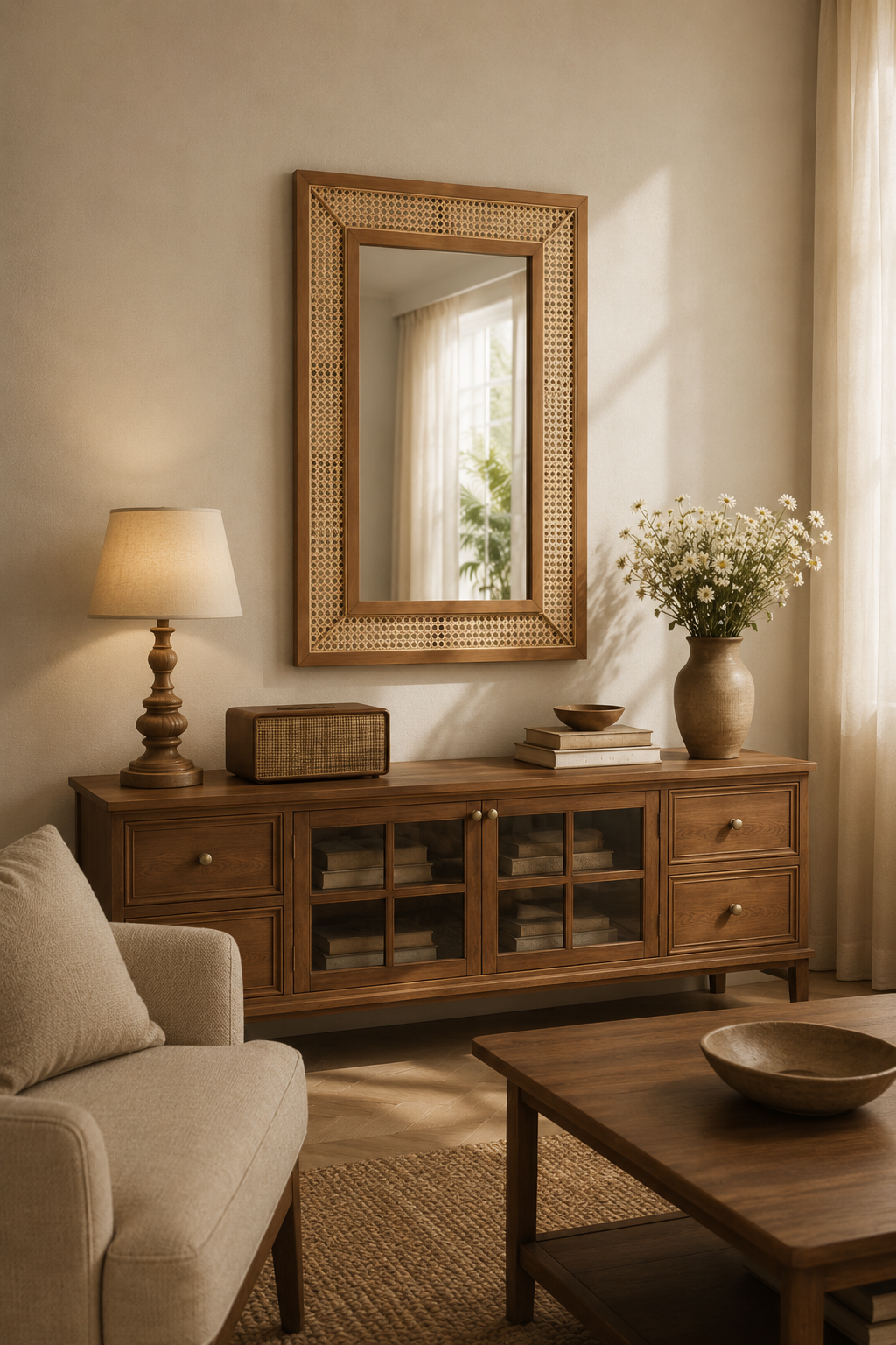 Miroir rectangulaire cannage effet rotin 90x60 cm, Bois naturel clair, motif cannage tressé. Présenté avec un objet de référence pour l'échelle.