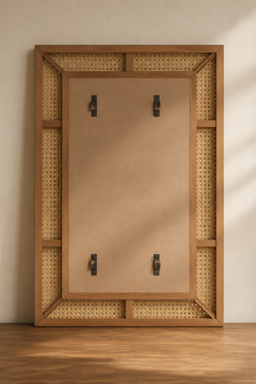Miroir rectangulaire cannage effet rotin 90x60 cm, Bois naturel clair, motif cannage tressé. Vu de l'arrière ou en cours d'installation.