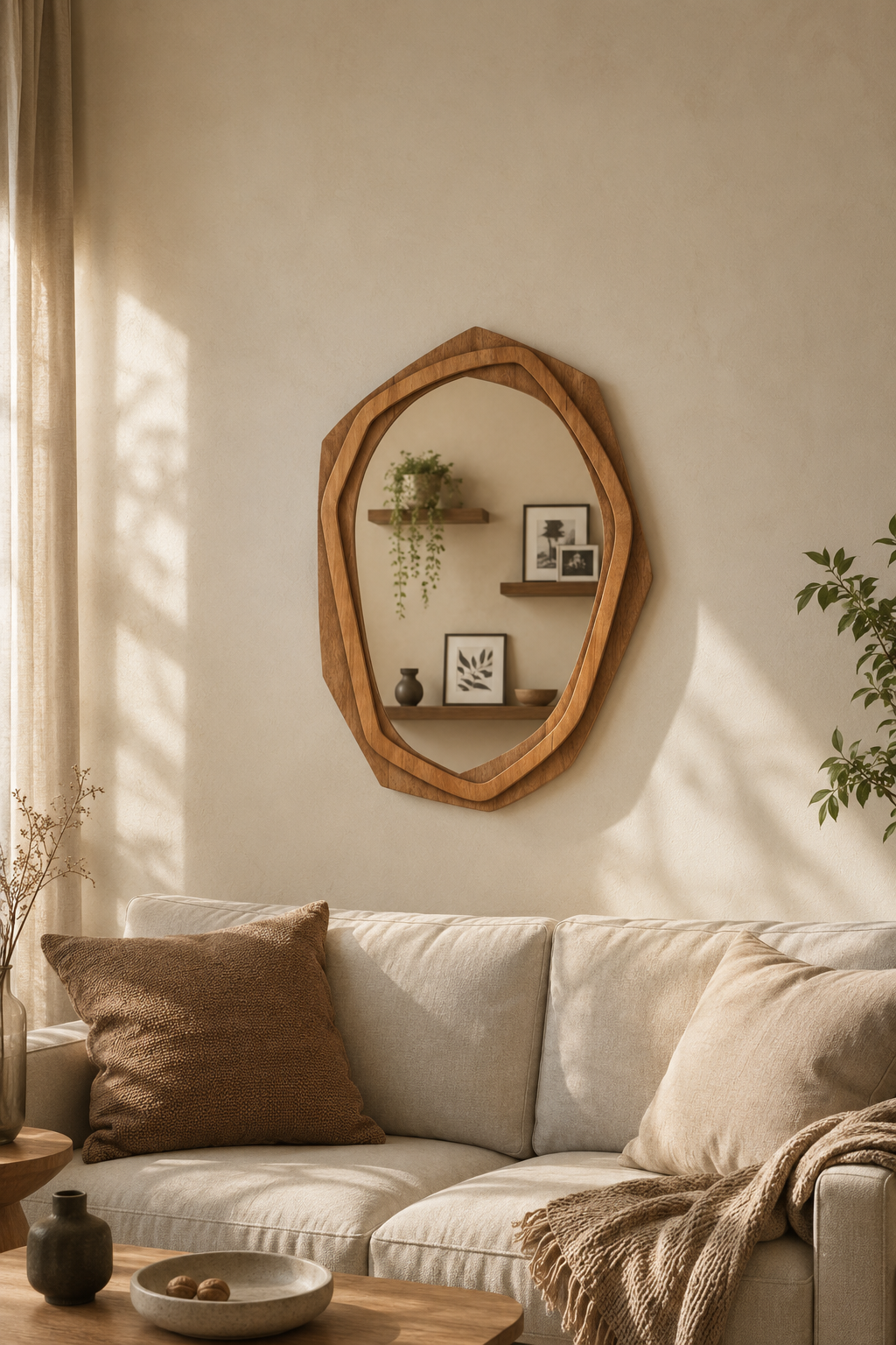 Miroir octogonal irrégulier en bois naturel 89,5x66 cm, Bois naturel clair, silhouette octogonale irrégulière. Vue d'ensemble.