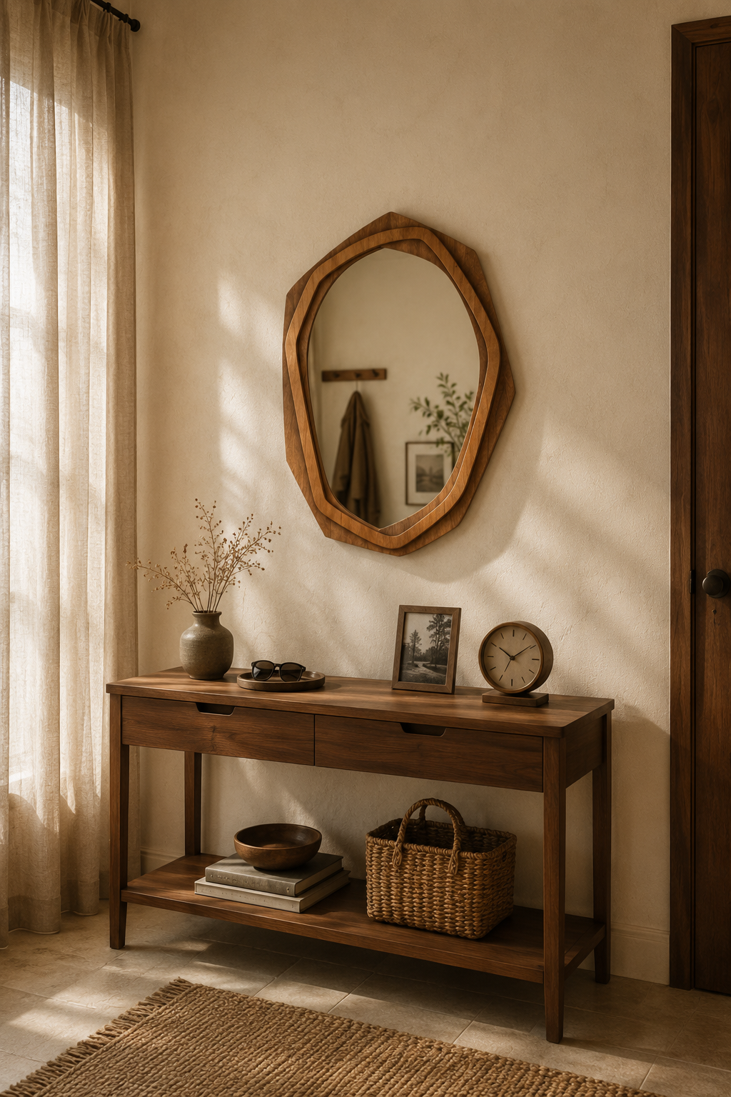 Miroir octogonal irrégulier en bois naturel 89,5x66 cm, Bois naturel clair, silhouette octogonale irrégulière. Présenté avec un objet de référence pour l'échelle.