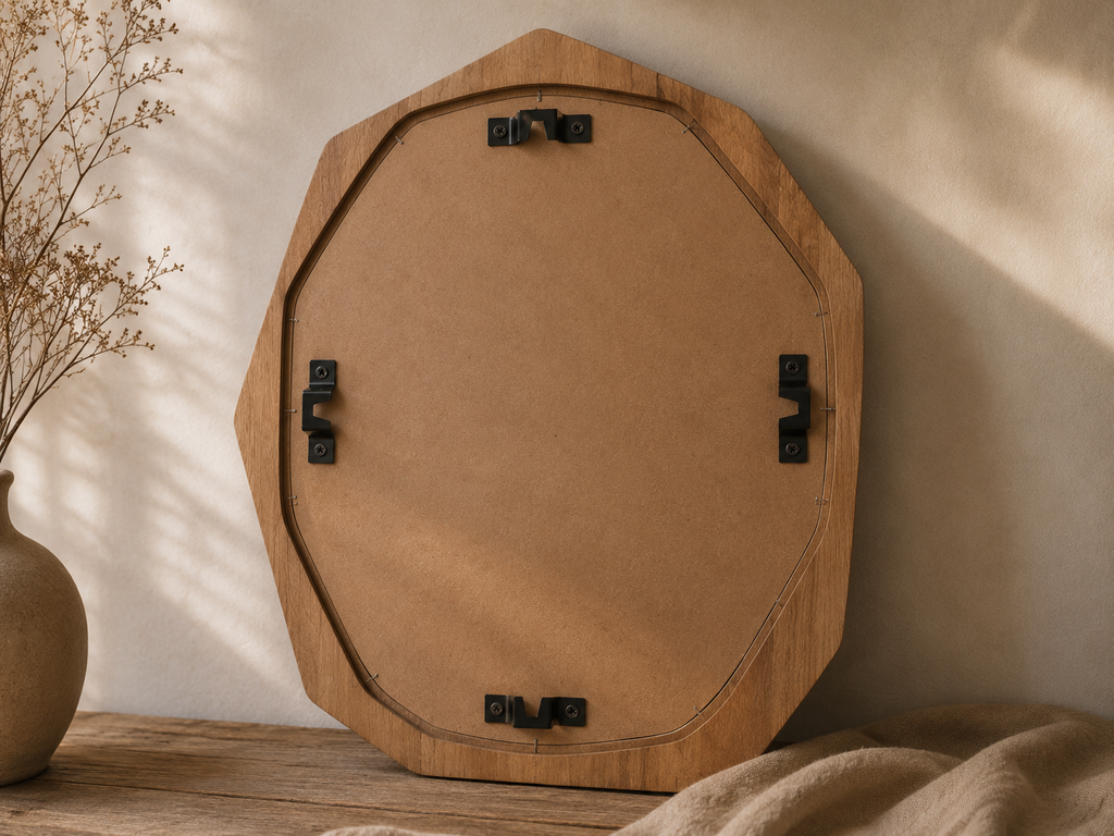 Miroir octogonal irrégulier en bois naturel 89,5x66 cm, Bois naturel clair, silhouette octogonale irrégulière. Vu de l'arrière ou en cours d'installation.