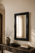 Miroir baroque noir 100x50 cm, Noir laqué, motif baroque sculpté. Vue d'ensemble.