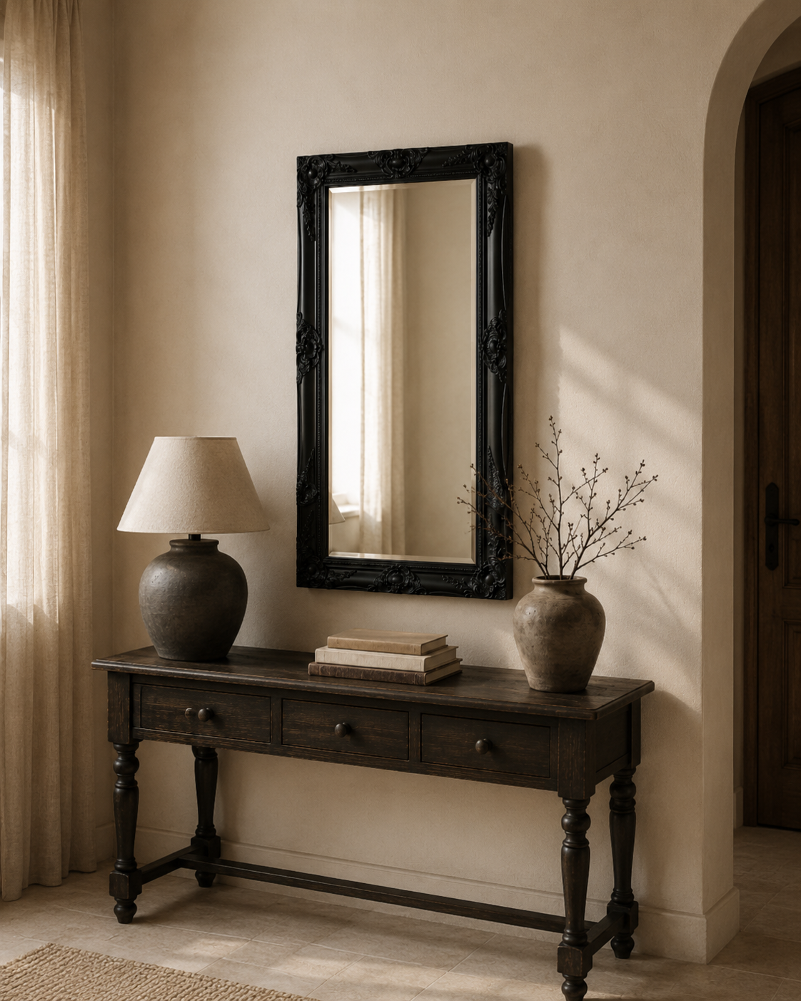 Miroir baroque noir 100x50 cm, Noir laqué, motif baroque sculpté. Présenté avec un objet de référence pour l'échelle.