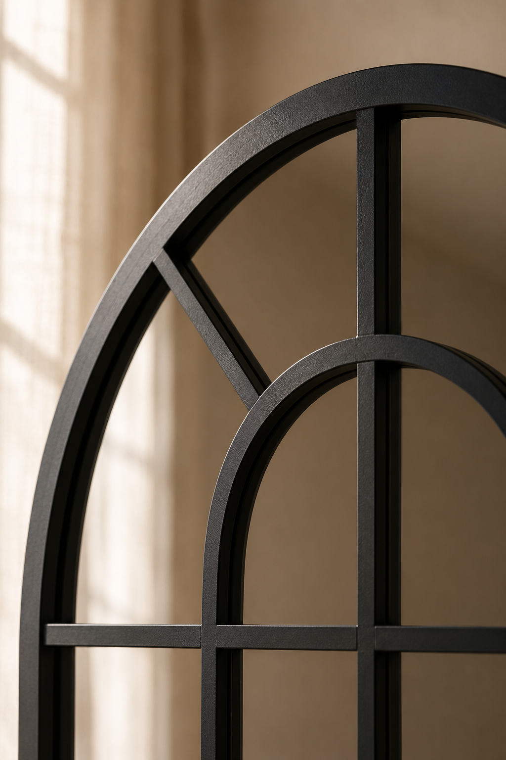 Miroir fenêtre arquée en métal noir 62x110 cm, Noir mat, structure quadrillée effet verrière. Détail du cadre en gros plan.