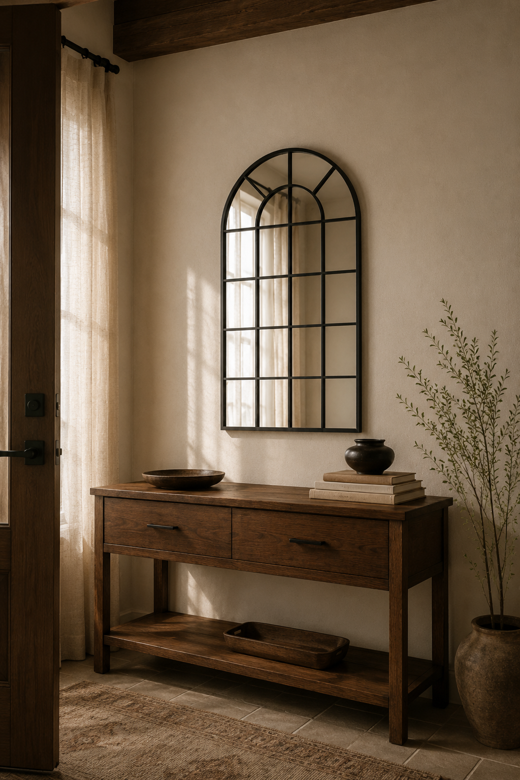 Miroir fenêtre arquée en métal noir 62x110 cm, Noir mat, structure quadrillée effet verrière. Présenté avec un objet de référence pour l'échelle.